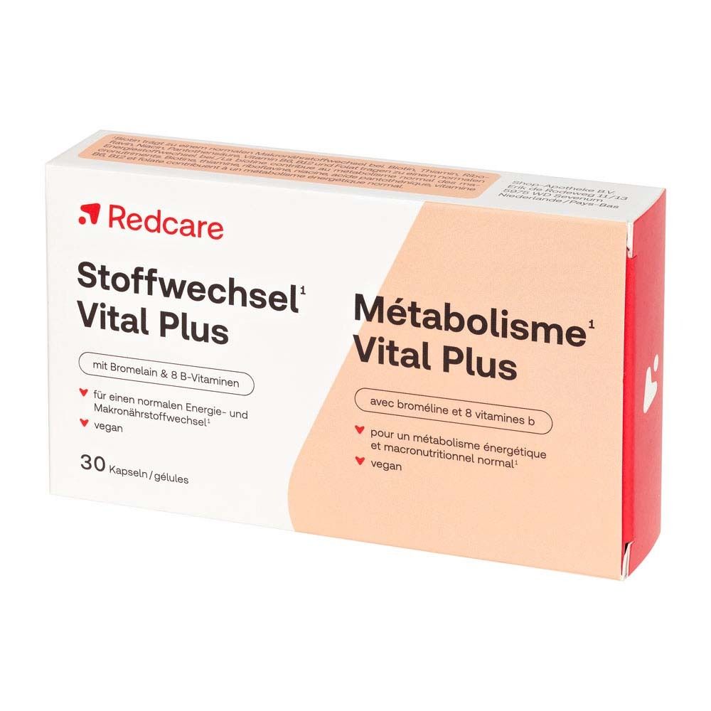 Redcare Stoffwechsel Vital Plus Packung. Enthält 30 Kapseln. Aufschrift in Deutsch und Französisch.