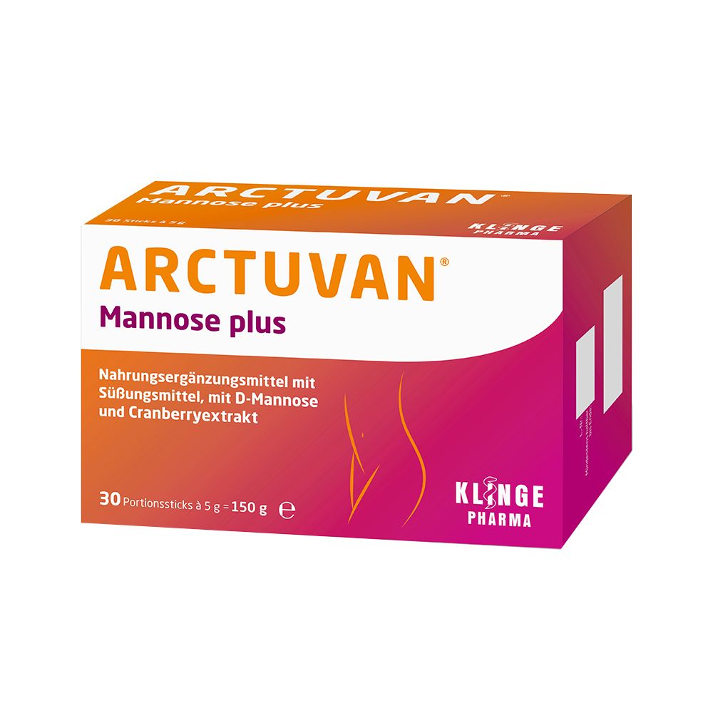Arctuvan Mannose plus-Verpackung. Orange-weiß-roter Karton mit Produktnamen und Inhaltsangaben. Ansicht von schräg vorne.