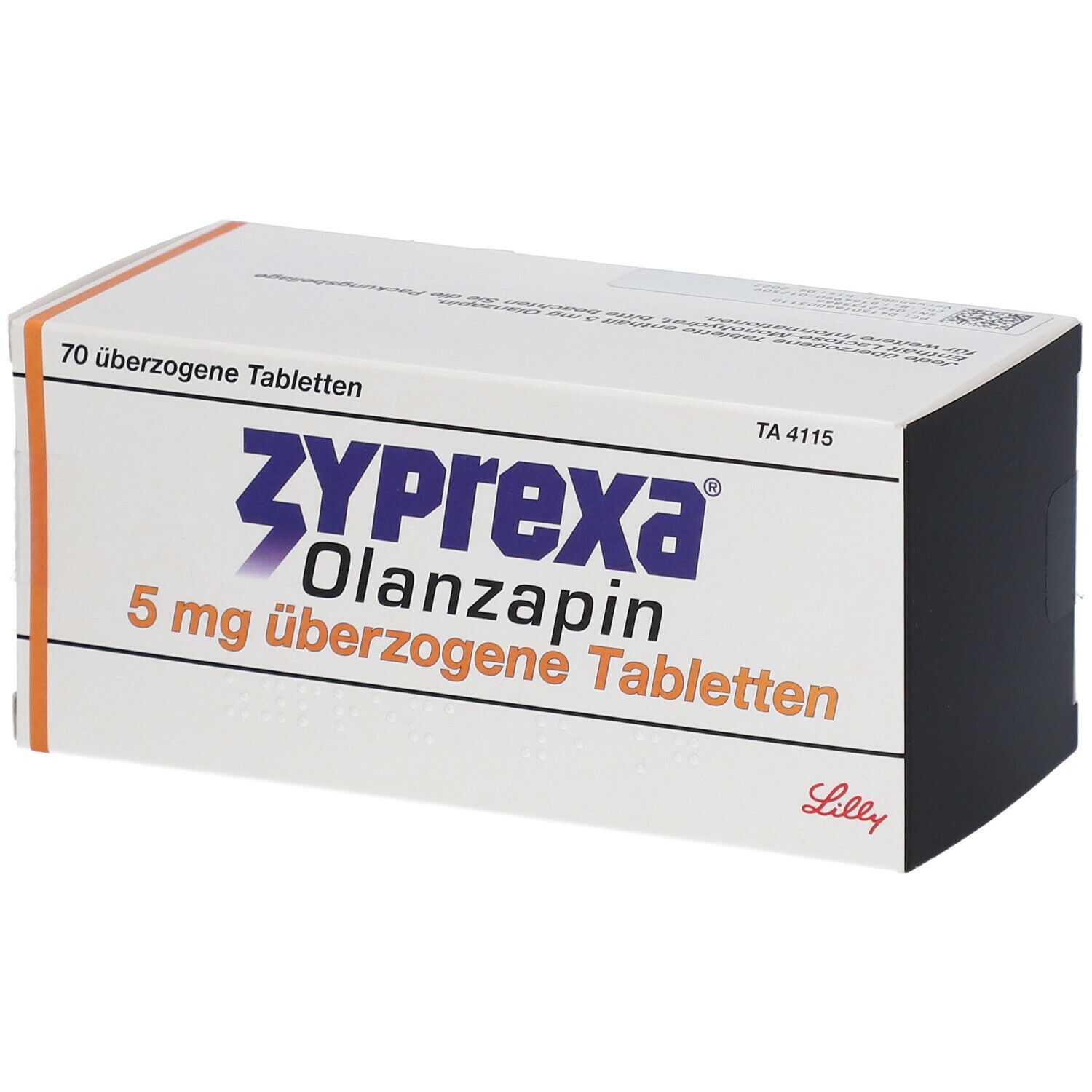 Schachtel mit Zyprexa 5 mg Tabletten. Aufschrift: Zyprexa Olanzapin, 5 mg überzogene Tabletten. Orangefarbene und schwarze Akzente.