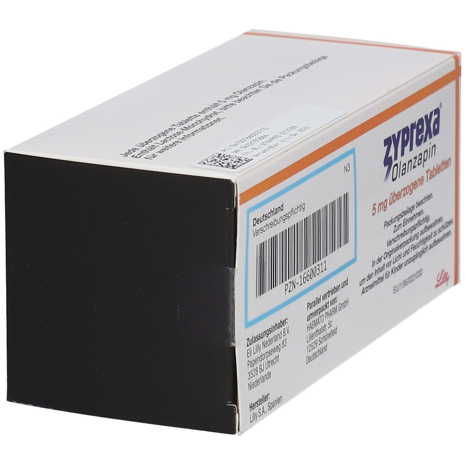 Zyprexa 5 mg Tabletten-Schachtel. Aufschrift: Zyprexa Olanzapin, 5 mg überzogene Tabletten. Ansicht von oben und Seite.