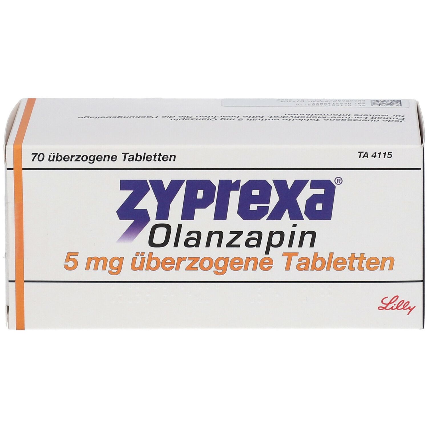 Schachtel mit Zyprexa 5 mg Tabletten. Aufschrift: Zyprexa Olanzapin, 5 mg überzogene Tabletten. Orangefarbene und schwarze Akzente.