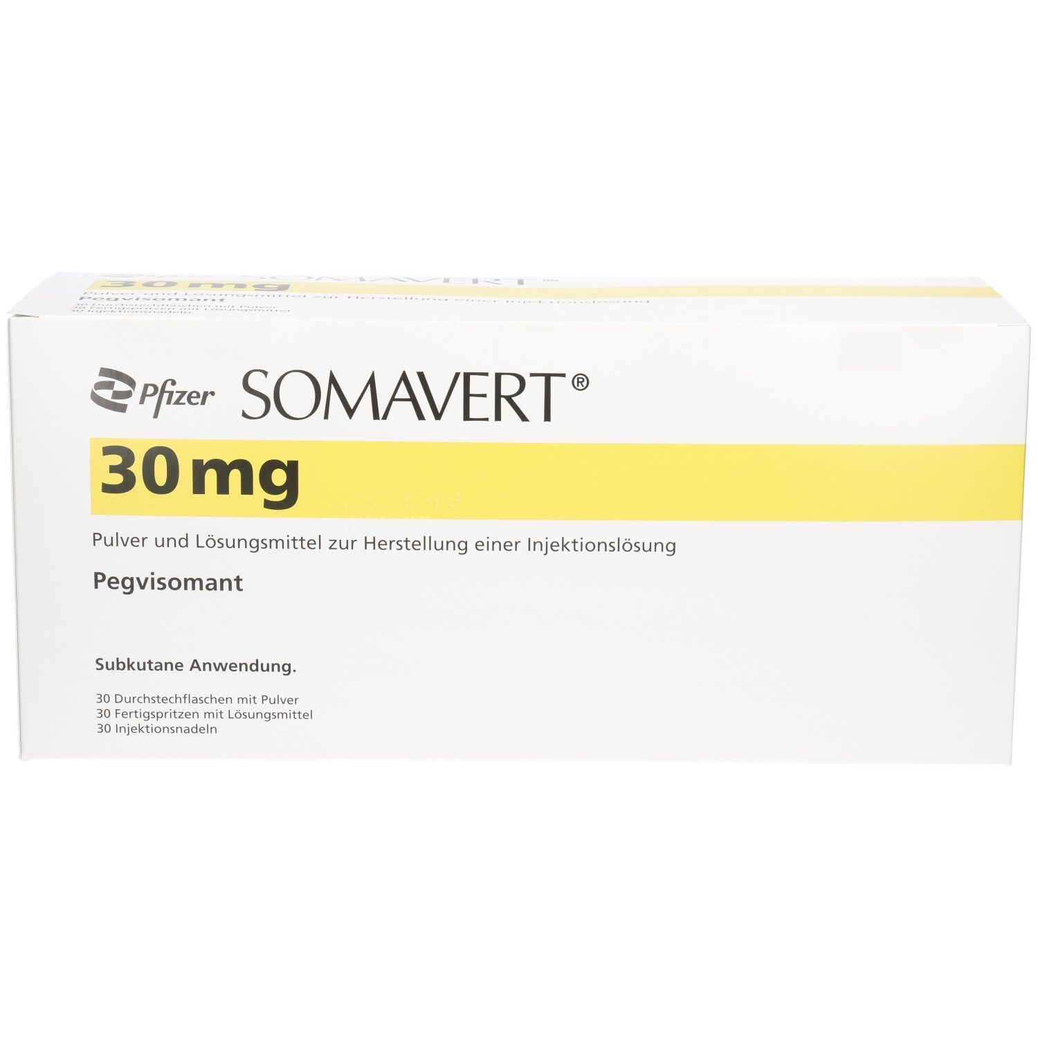 Verpackung SOMAVERT 30 mg Pulver und Lösungsmittel zur Herstellung einer Injektionslösung.