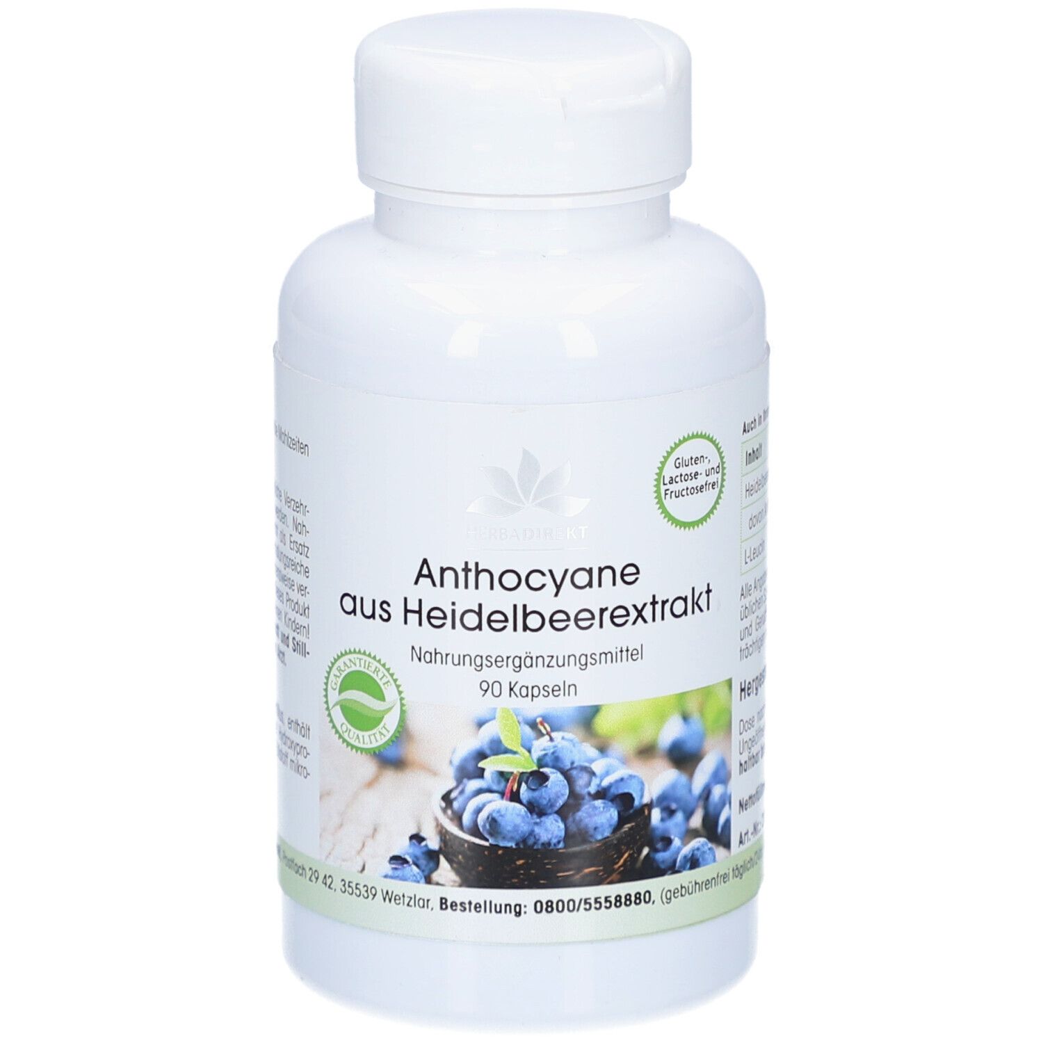 Weiße Flasche mit Kapseln. Aufschrift: Anthocyane aus Heidelbeerextrakt. 90 Kapseln. Abbildung von Blaubeeren.
