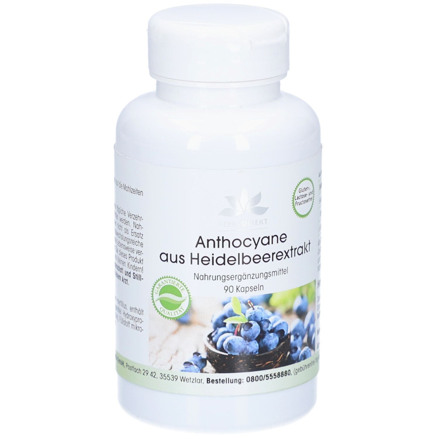 Weiße Flasche mit Kapseln. Aufschrift: Anthocyane aus Heidelbeerextrakt. 90 Kapseln. Abbildung von Blaubeeren.