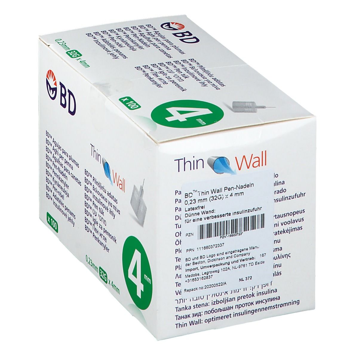 Schachtel mit BD Thin Wall Pen-Nadeln. Aufschrift: 4 mm, 0,23 mm 32G x 4 mm. Enthält 100 Stück. BD-Logo. Informationen.