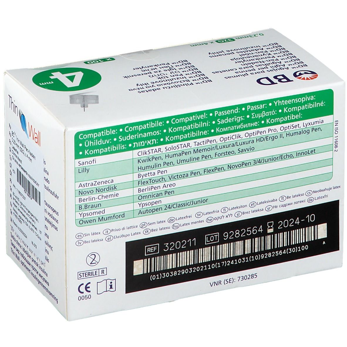 Rückseite der Schachtel mit BD Thin Wall Pen-Nadeln. Kompatibilitätsliste. REF- und LOT-Nummern. CE-Kennzeichnung.