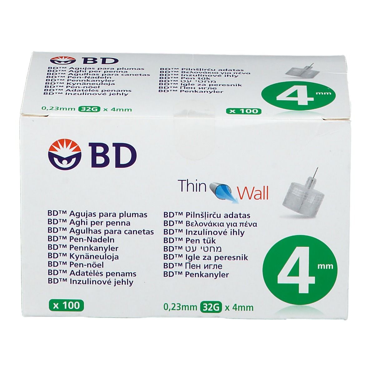 Schachtel mit BD Thin Wall Pen-Nadeln. Aufschrift: 4 mm, 0,23 mm 32G x 4 mm. Enthält 100 Stück. BD-Logo.