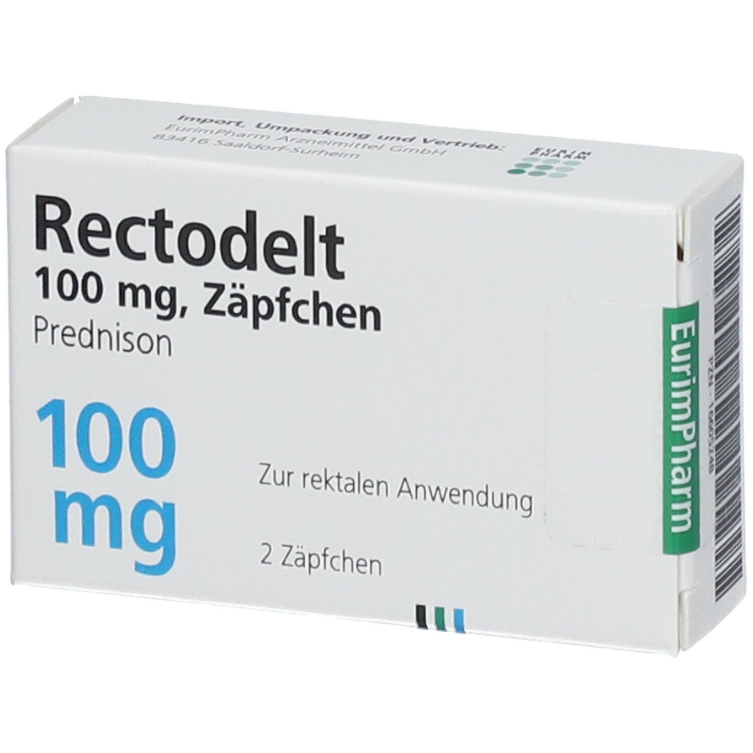 Weiße Faltschachtel mit Aufschrift Rectodelt 100 mg, Zäpfchen. Blaue Schrift, grüne Akzente. 2 Zäpfchen.