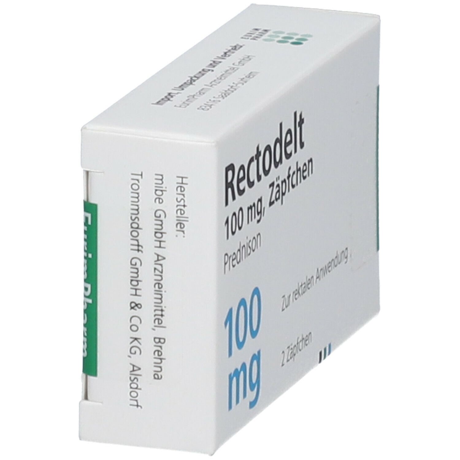Schräg gestellte weiße Faltschachtel mit Rectodelt 100 mg, Zäpfchen. Blaue Schrift, grüne Akzente. Herstellerangaben.