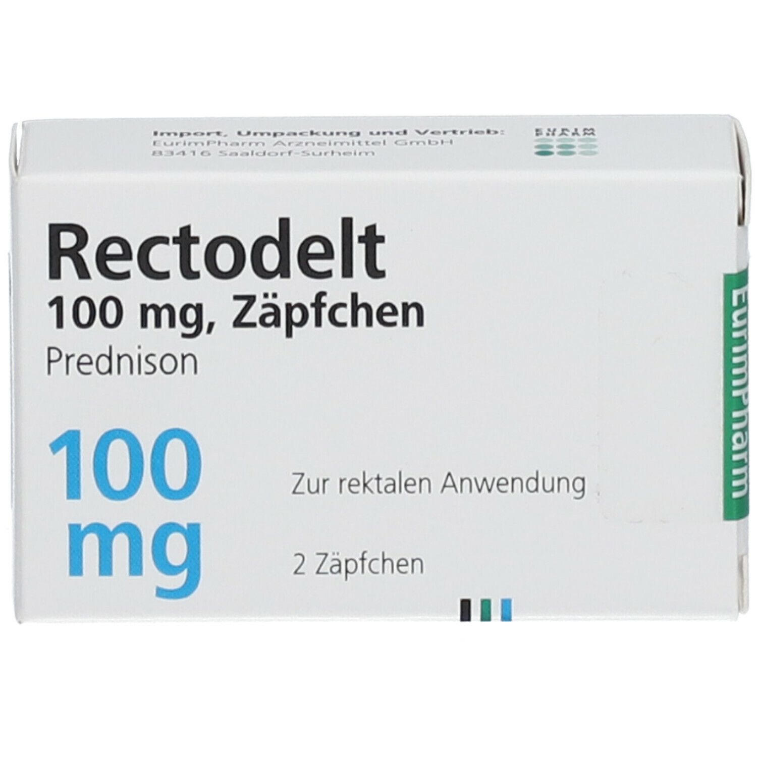 Weiße Faltschachtel mit Aufschrift Rectodelt 100 mg, Zäpfchen. Blaue Schrift, grüne Akzente. 2 Zäpfchen.