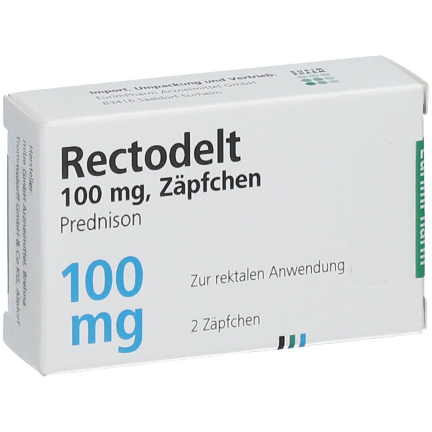 Weiße Faltschachtel mit Aufschrift Rectodelt 100 mg, Zäpfchen. Blaue Schrift, grüne Akzente. 2 Zäpfchen.