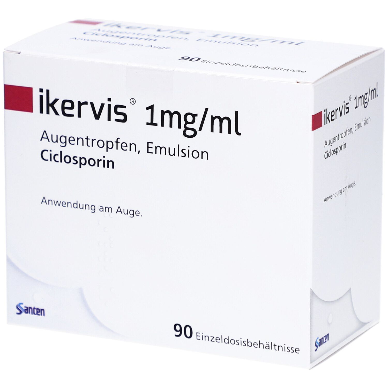 Weiße Faltschachtel mit rotem Akzent. Aufdruck: IKERVIS 1mg/ml Augentropfen, Emulsion, Ciclosporin. 90 Einzeldosisbehältnisse.