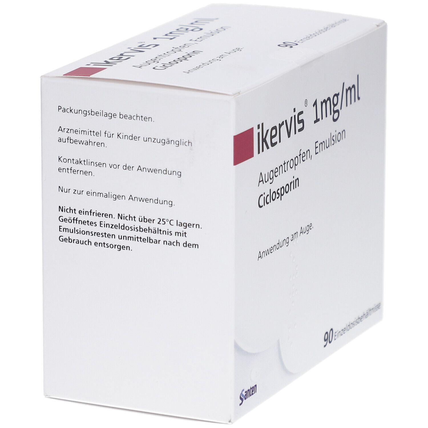Weiße Faltschachtel mit rotem Akzent. Aufdruck: IKERVIS 1mg/ml Augentropfen, Emulsion, Ciclosporin. Text auf der Seite.