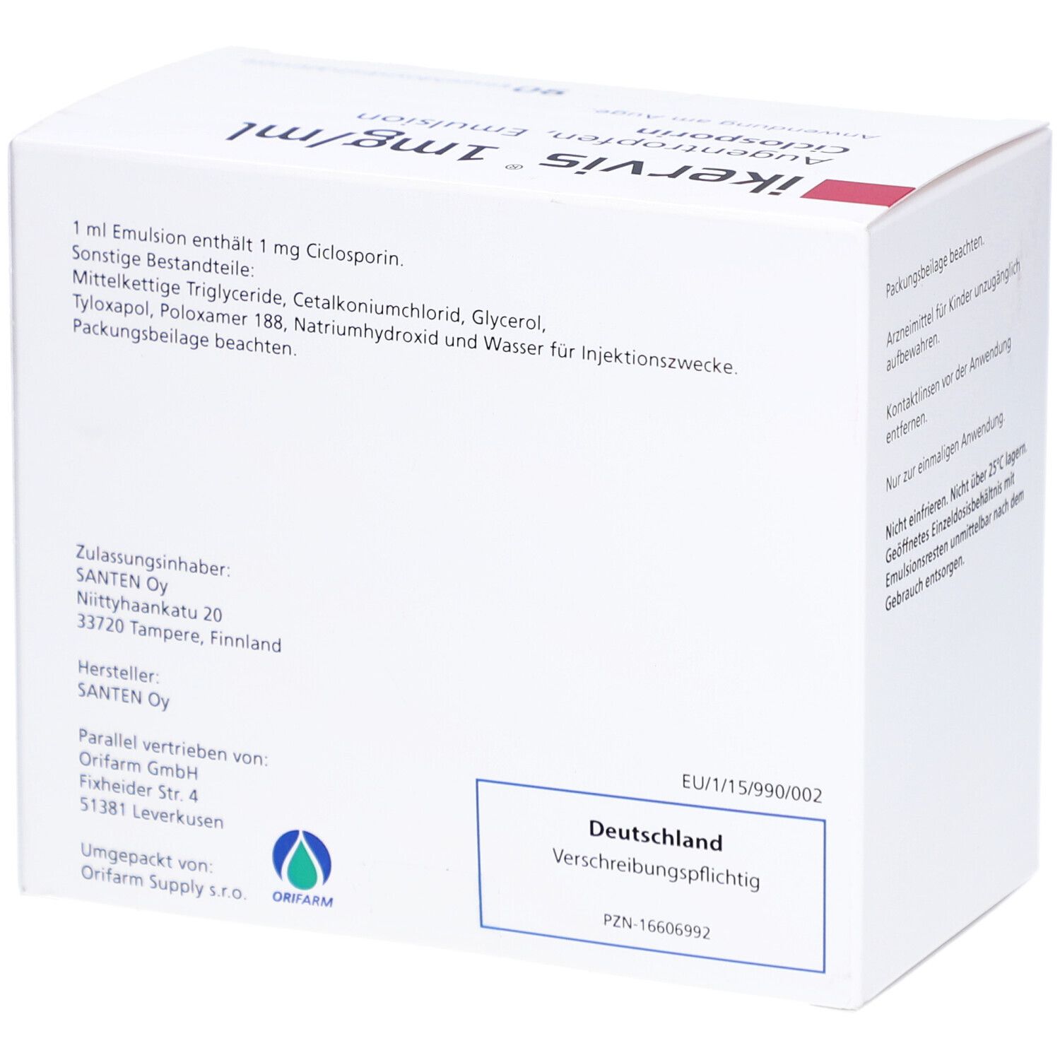 Rückseite der Faltschachtel. Enthält Informationen zu Inhaltsstoffen, Hersteller, Zulassung und Vertrieb. Text in Deutsch.