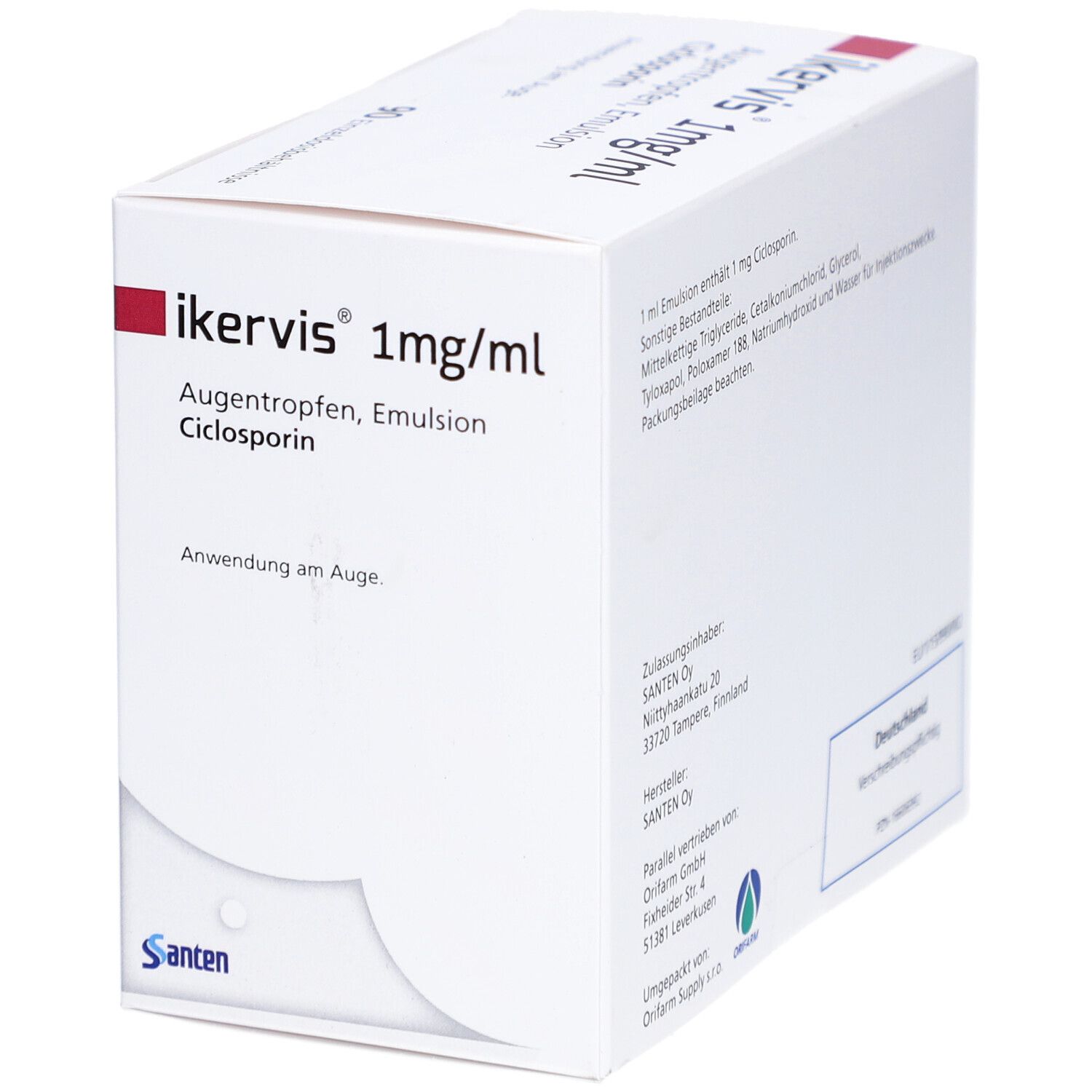 Weiße Faltschachtel mit rotem Akzent. Aufdruck: IKERVIS 1mg/ml Augentropfen, Emulsion, Ciclosporin. Text auf der Seite.