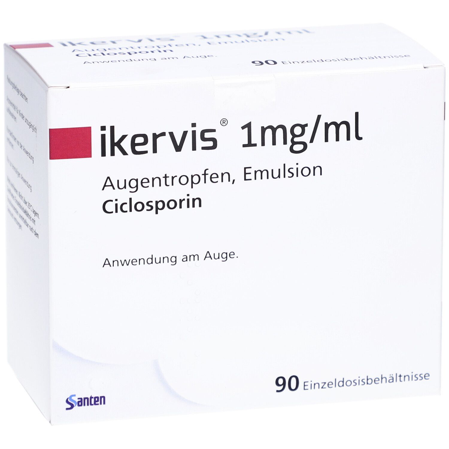 Weiße Faltschachtel mit rotem Akzent. Aufdruck: IKERVIS 1mg/ml Augentropfen, Emulsion, Ciclosporin. 90 Einzeldosisbehältnisse.