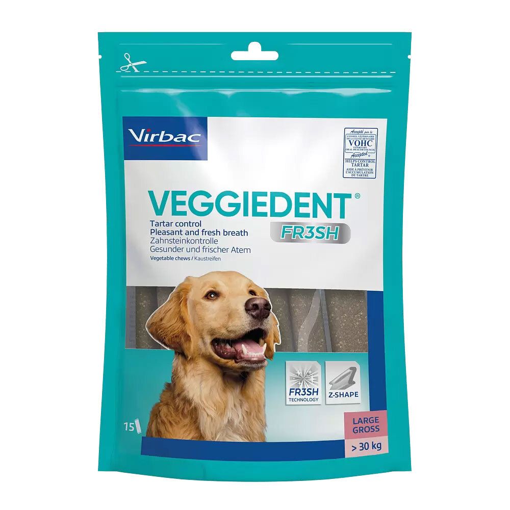Emballage de VEGGIEDENT FR3SH. Chien sur l'emballage. Friandises en forme de Z. Certification VOHC.