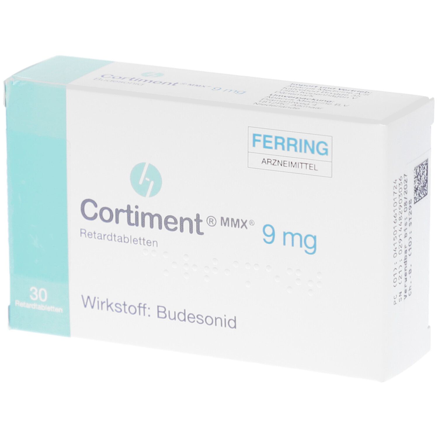 Schachtel mit CORTIMENT MMX 9 mg Retardtabletten. Enthält 30 Tabletten. Aufschrift: Wirkstoff: Budesonid.