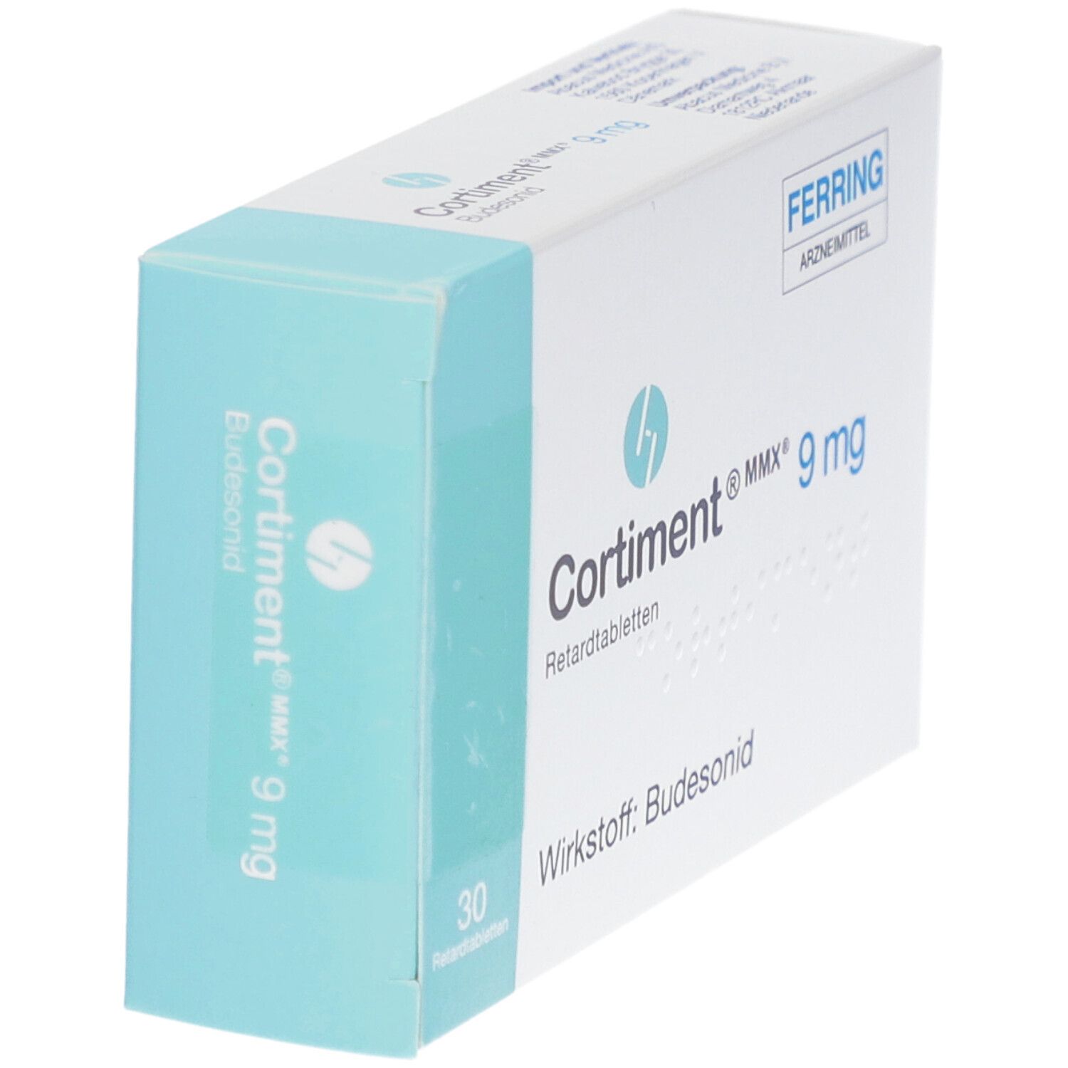 Schachtel mit CORTIMENT MMX 9 mg Retardtabletten. Aufschrift: Wirkstoff: Budesonid. 30 Tabletten.