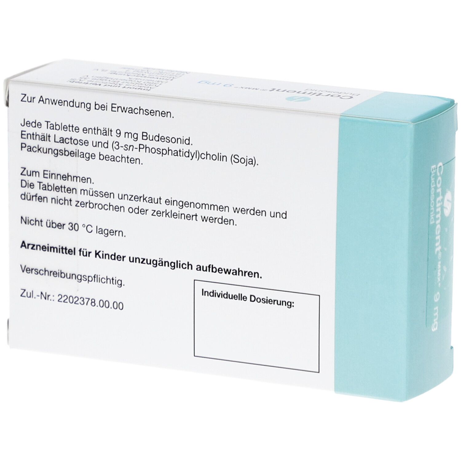 Rückseite der Schachtel mit CORTIMENT MMX 9 mg Retardtabletten. Text über Anwendung, Inhaltsstoffe und Dosierung.