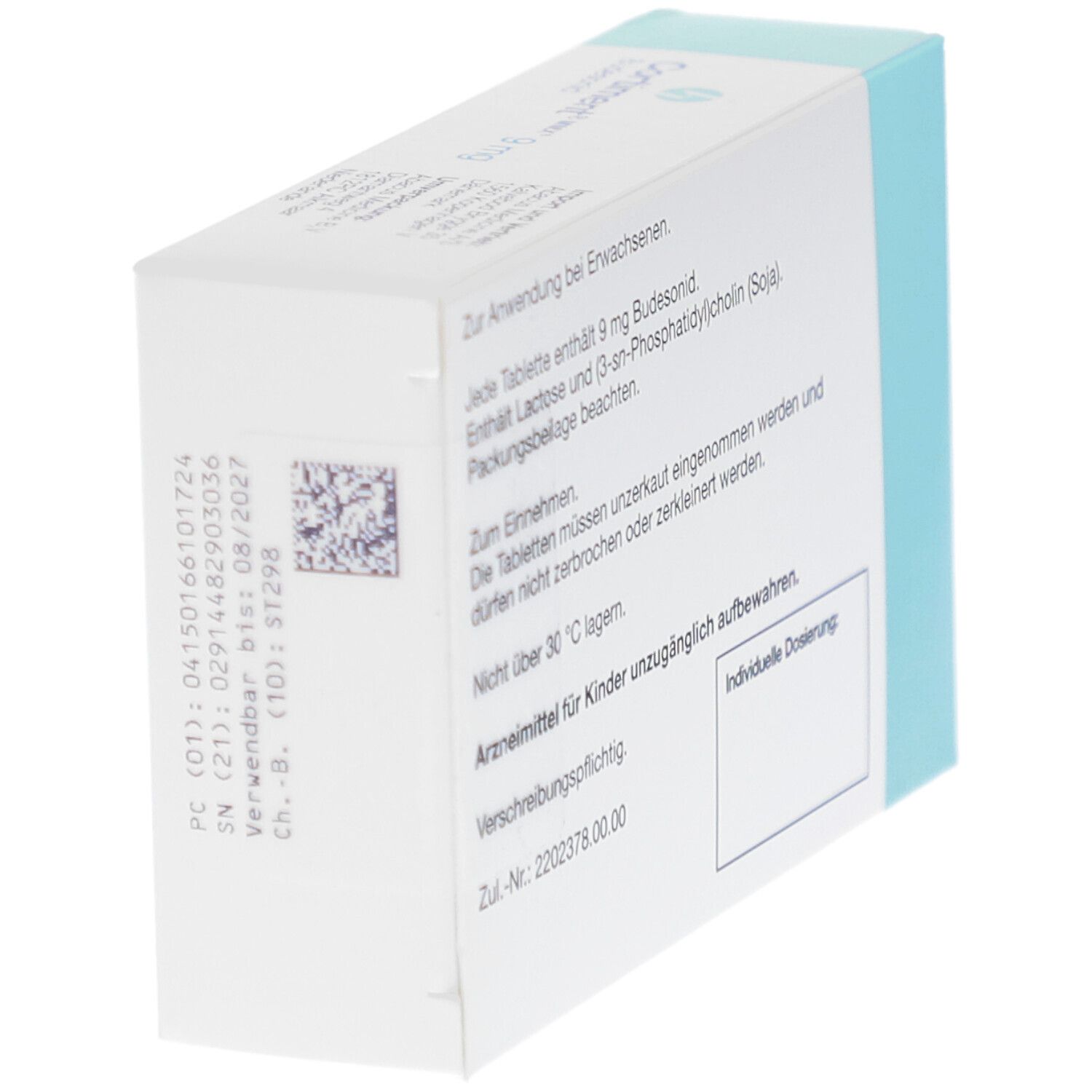Rückseite der Schachtel mit CORTIMENT MMX 9 mg Retardtabletten. Text über Anwendung, Inhaltsstoffe und Dosierung.