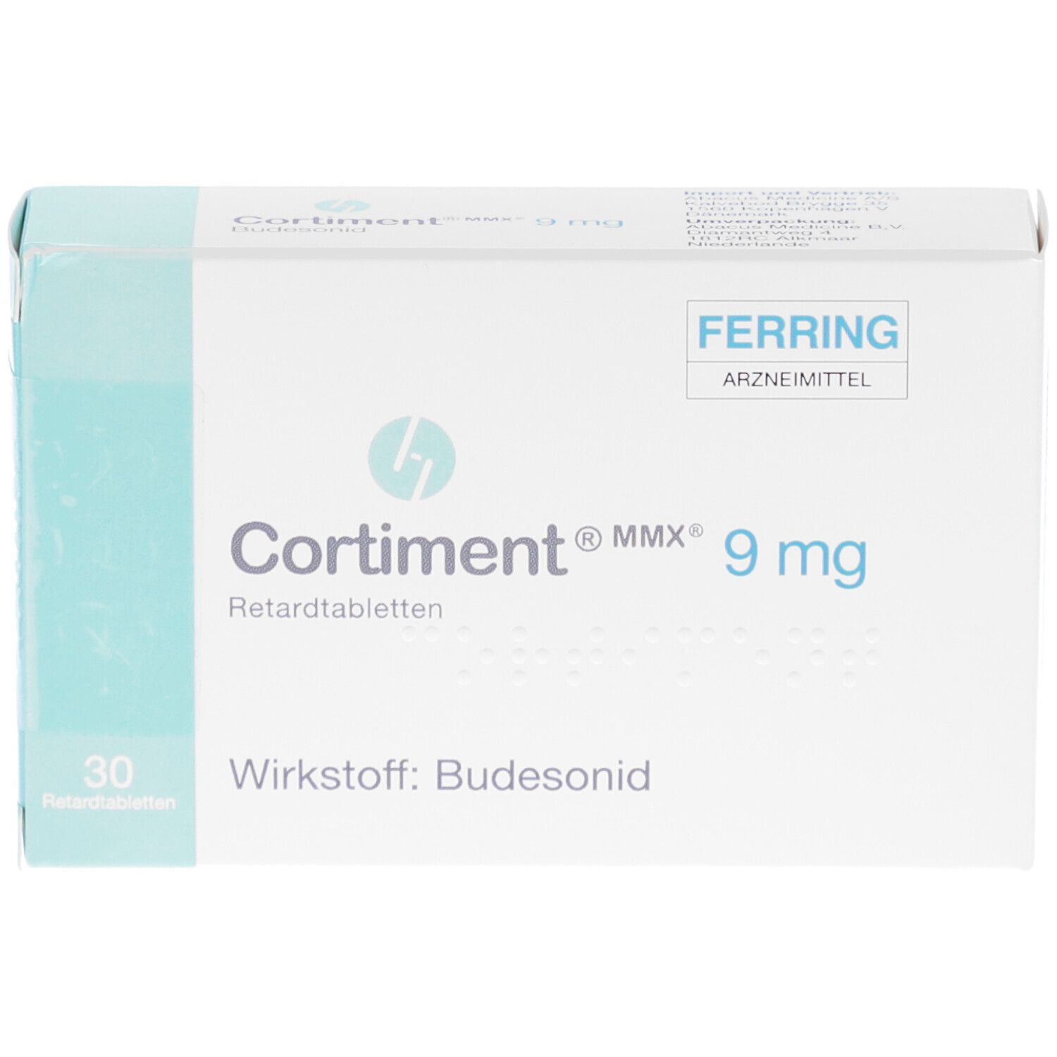 Schachtel mit CORTIMENT MMX 9 mg Retardtabletten. Aufschrift: Wirkstoff: Budesonid. 30 Tabletten.