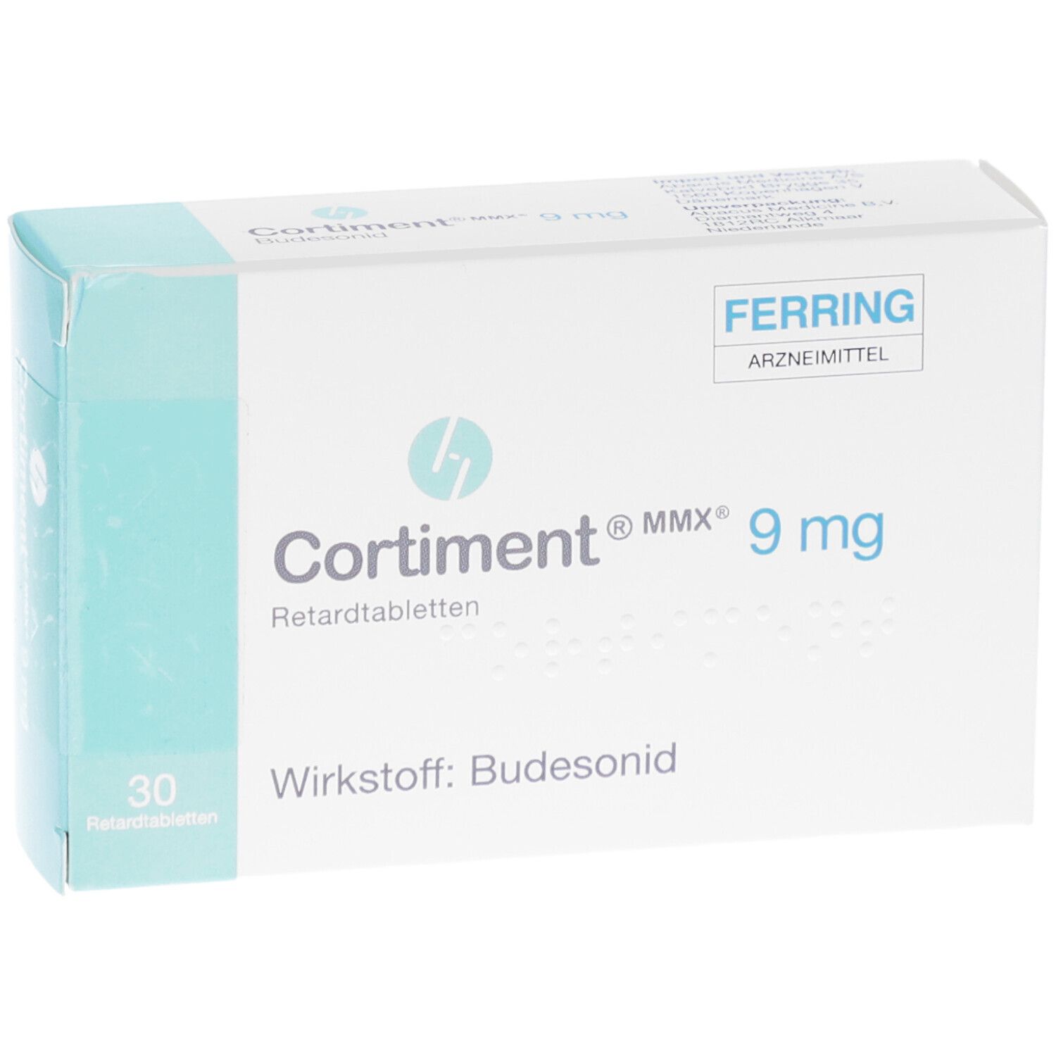 Schachtel mit CORTIMENT MMX 9 mg Retardtabletten. Aufschrift: Wirkstoff: Budesonid. 30 Tabletten.