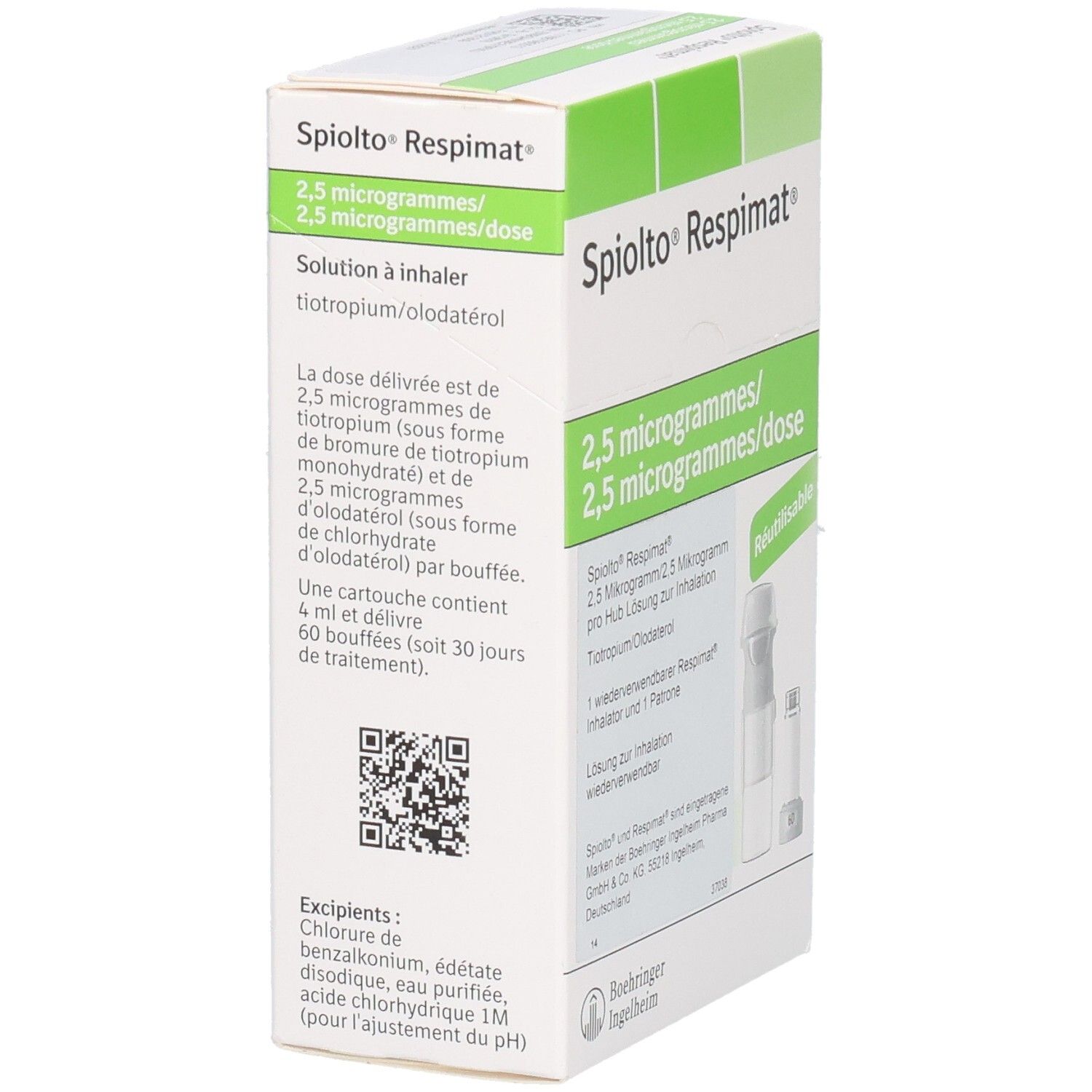 Weiß-grüne Schachtel mit Produktnamen und Dosierungsangaben. Text in Deutsch und Französisch. QR-Code und Herstellerlogo.