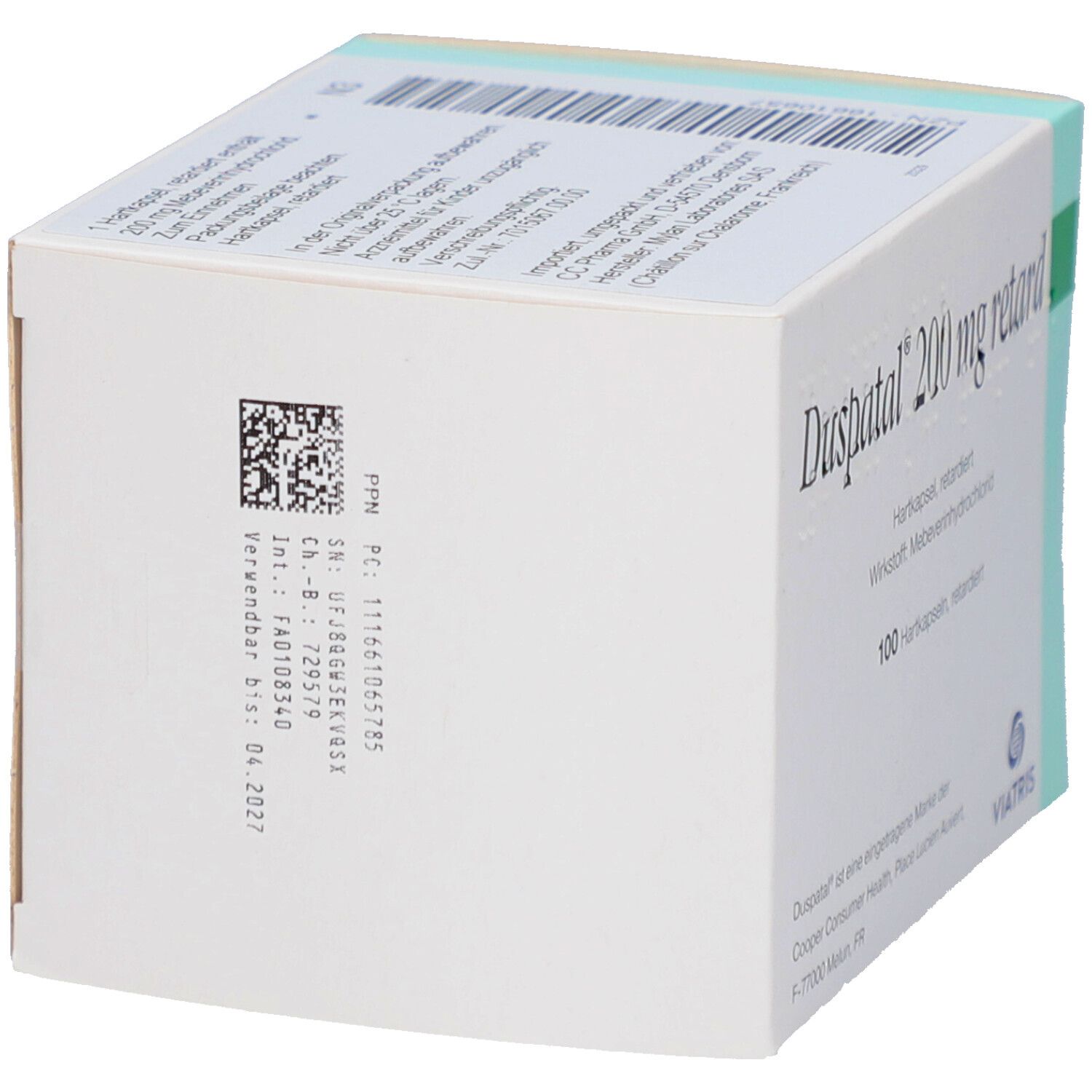 Seitenansicht der Duspatal 200 mg retard Schachtel. Barcode und weitere Informationen.