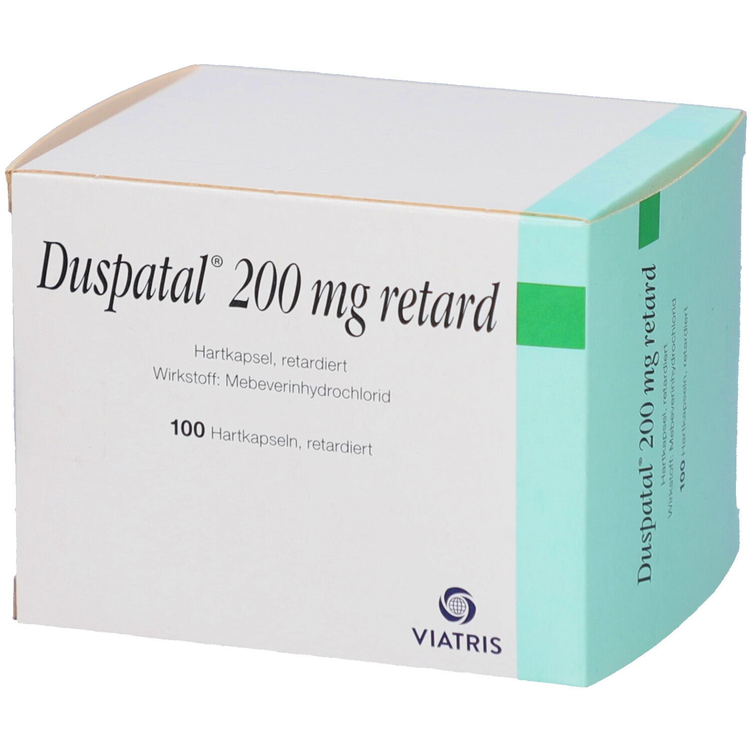 Schachtel mit Aufschrift Duspatal 200 mg retard. Enthält 100 Hartkapseln. Marke Viatris.
