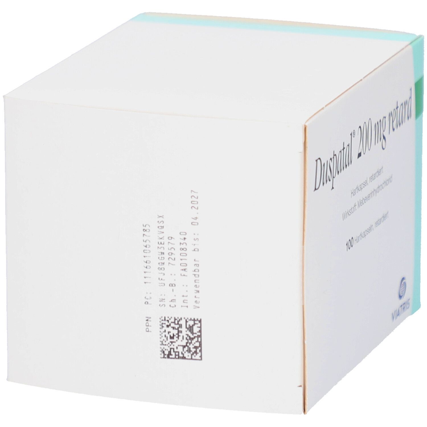 Seitenansicht der Duspatal 200 mg retard Schachtel. Barcode und weitere Informationen.