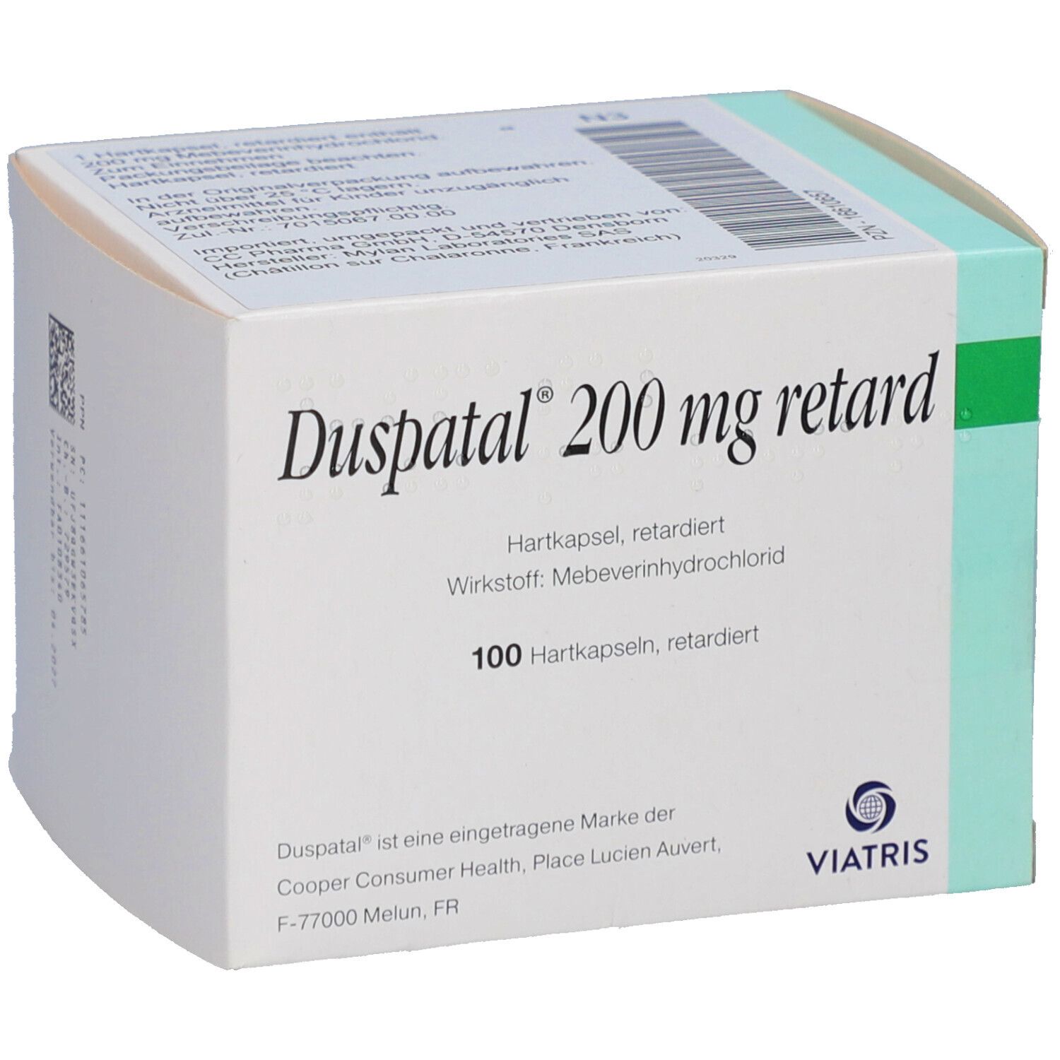 Schachtel mit Aufschrift Duspatal 200 mg retard. Enthält 100 Hartkapseln. Marke Viatris.