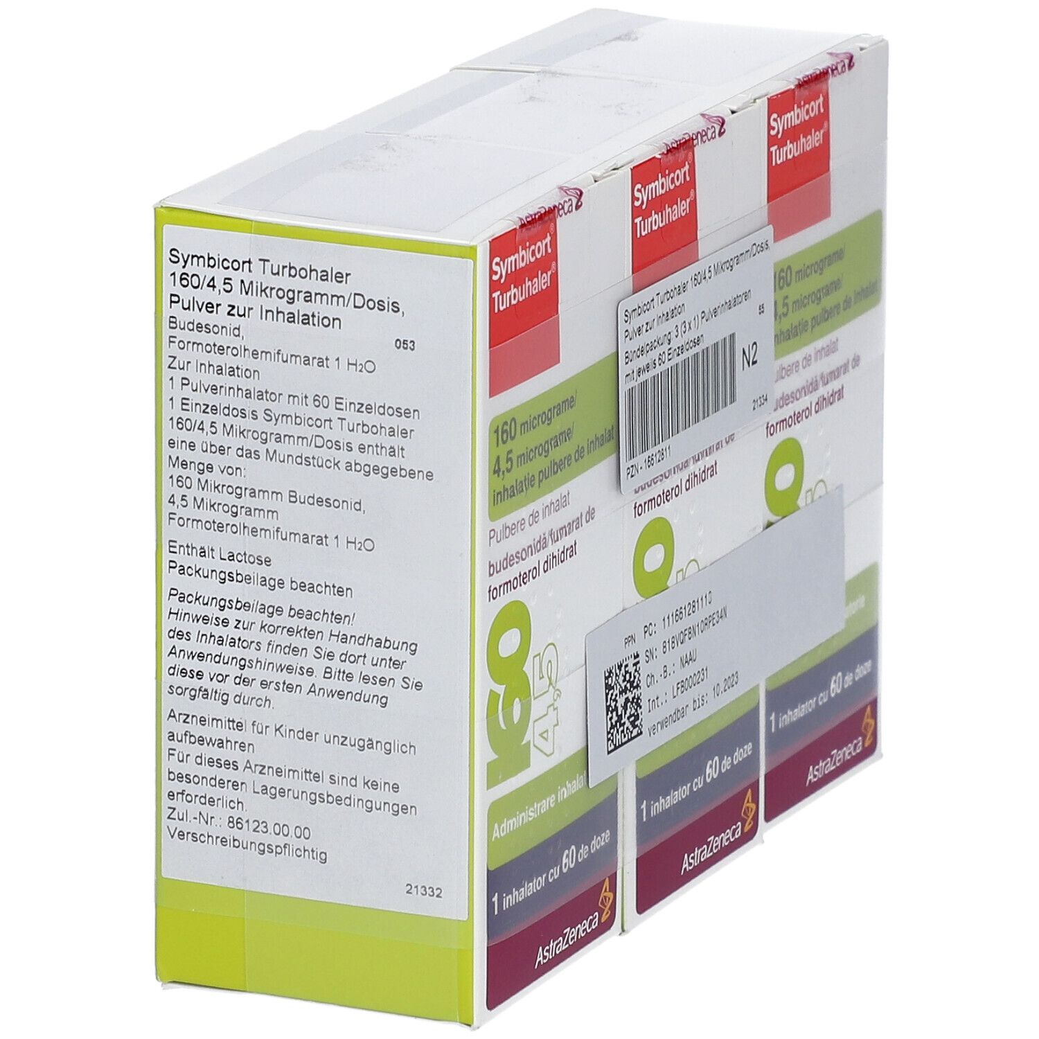 Verpackung von Symbicort Turbohaler. Seitenansicht mit Produktinformationen und einem Barcode-Aufkleber.
