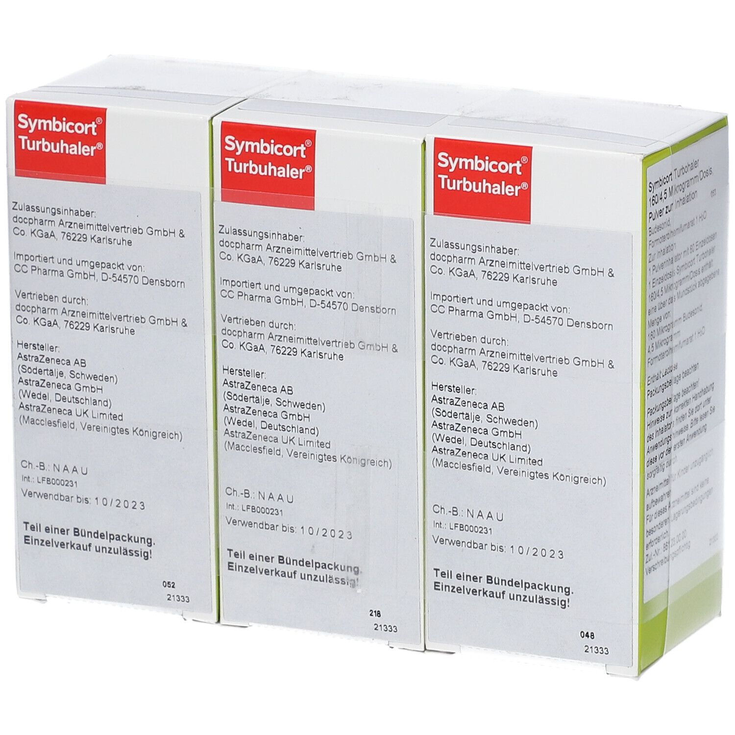 Rückseite der Verpackung von Symbicort Turbohaler. Enthält Herstellerinformationen und Verfallsdatum.