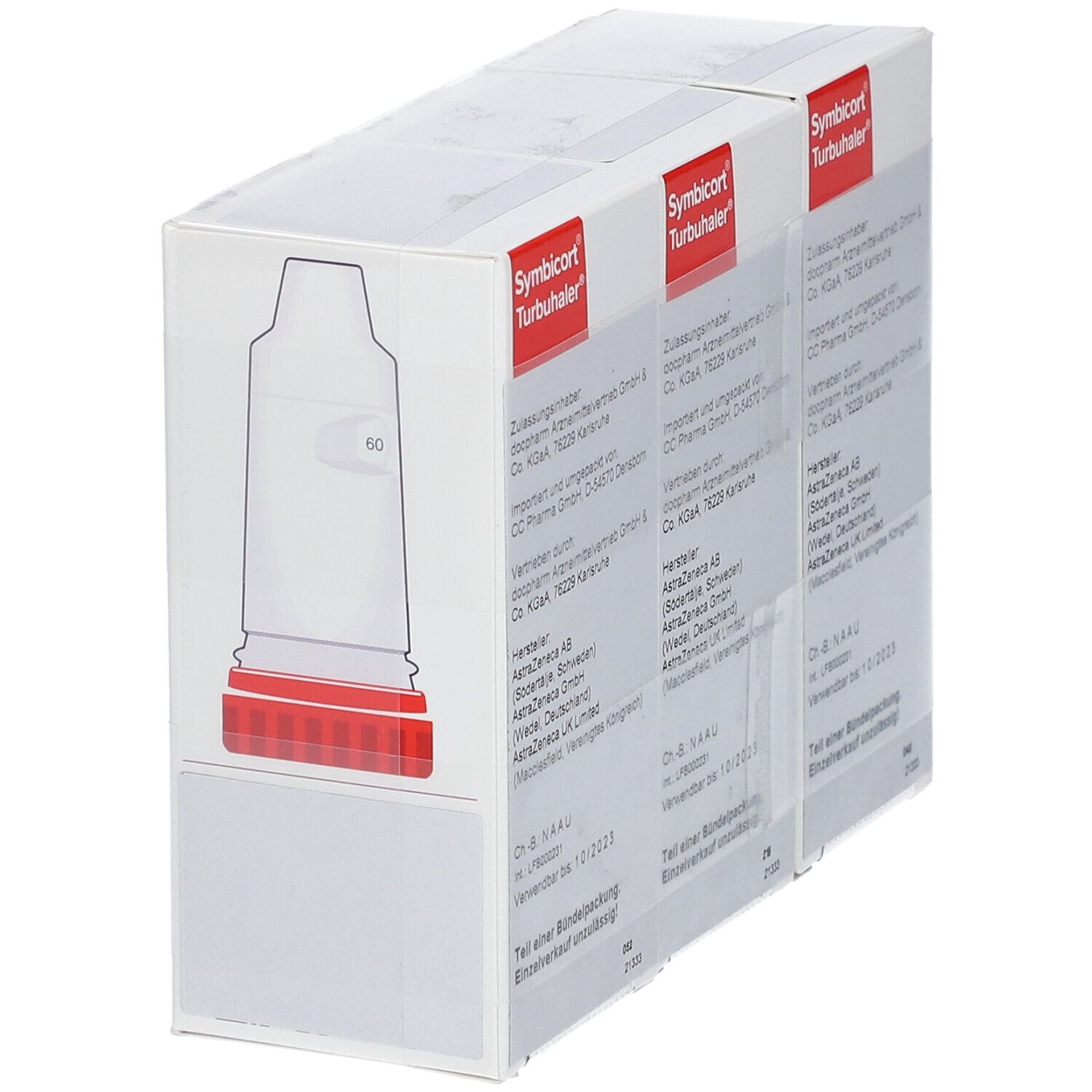 Verpackung von Symbicort Turbohaler. Darstellung des Inhalators. Rote und weiße Elemente.