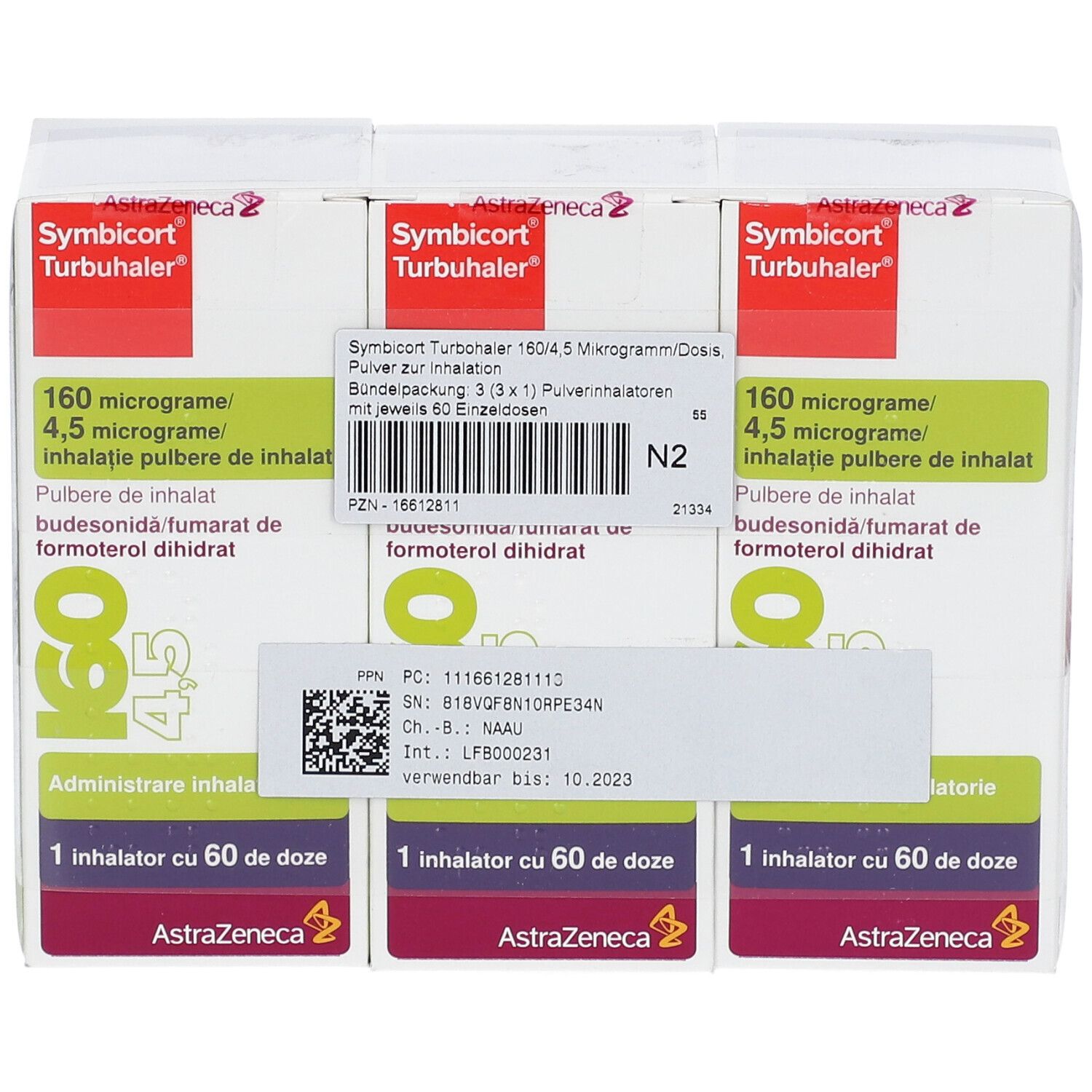 Verpackung von Symbicort Turbohaler. Drei Schachteln mit Produktinformationen und Barcode-Aufkleber.