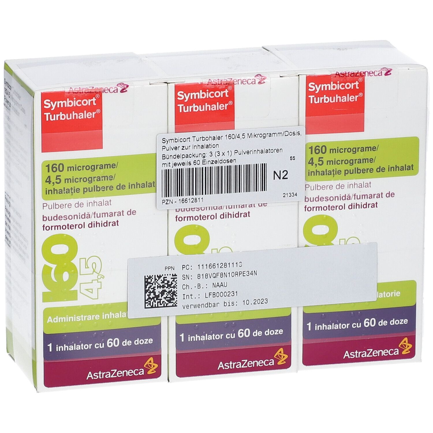 Verpackung von Symbicort Turbohaler. Drei Schachteln mit Produktinformationen und Barcode-Aufkleber.