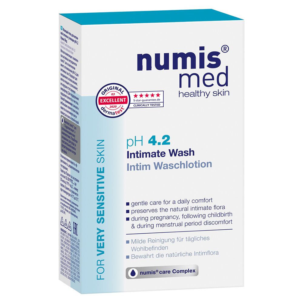 Karton mit Aufschrift: numis med, pH 4.2 Intim Waschlotion. Für sehr empfindliche Haut. Mit dermatest-Siegel.