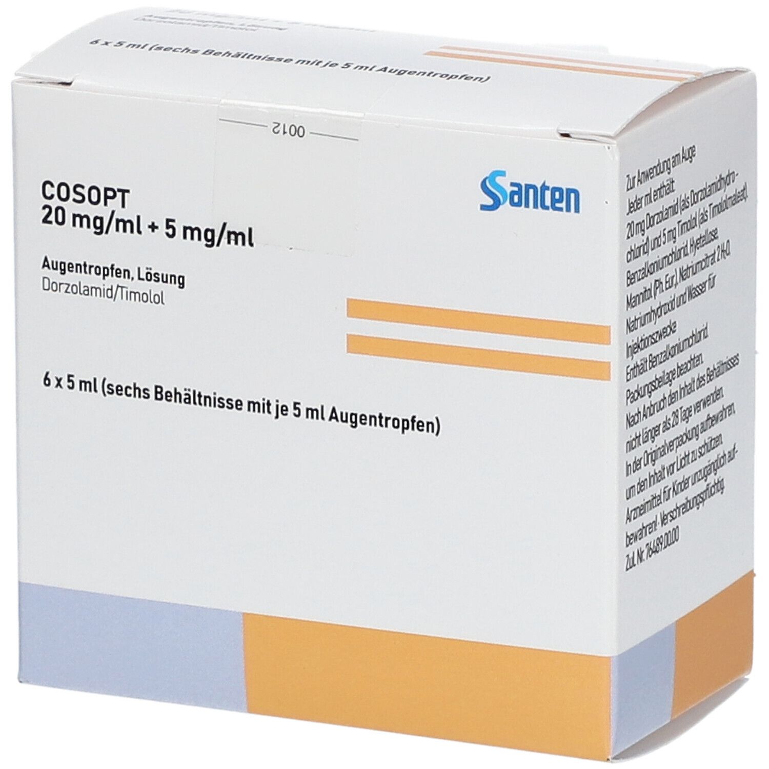 Weißer Karton mit Produktinformationen. Aufschrift: Cosopt 20 mg/ml + 5 mg/ml. Logo: Santen. Enthält 6 x 5 ml Augentropfen.