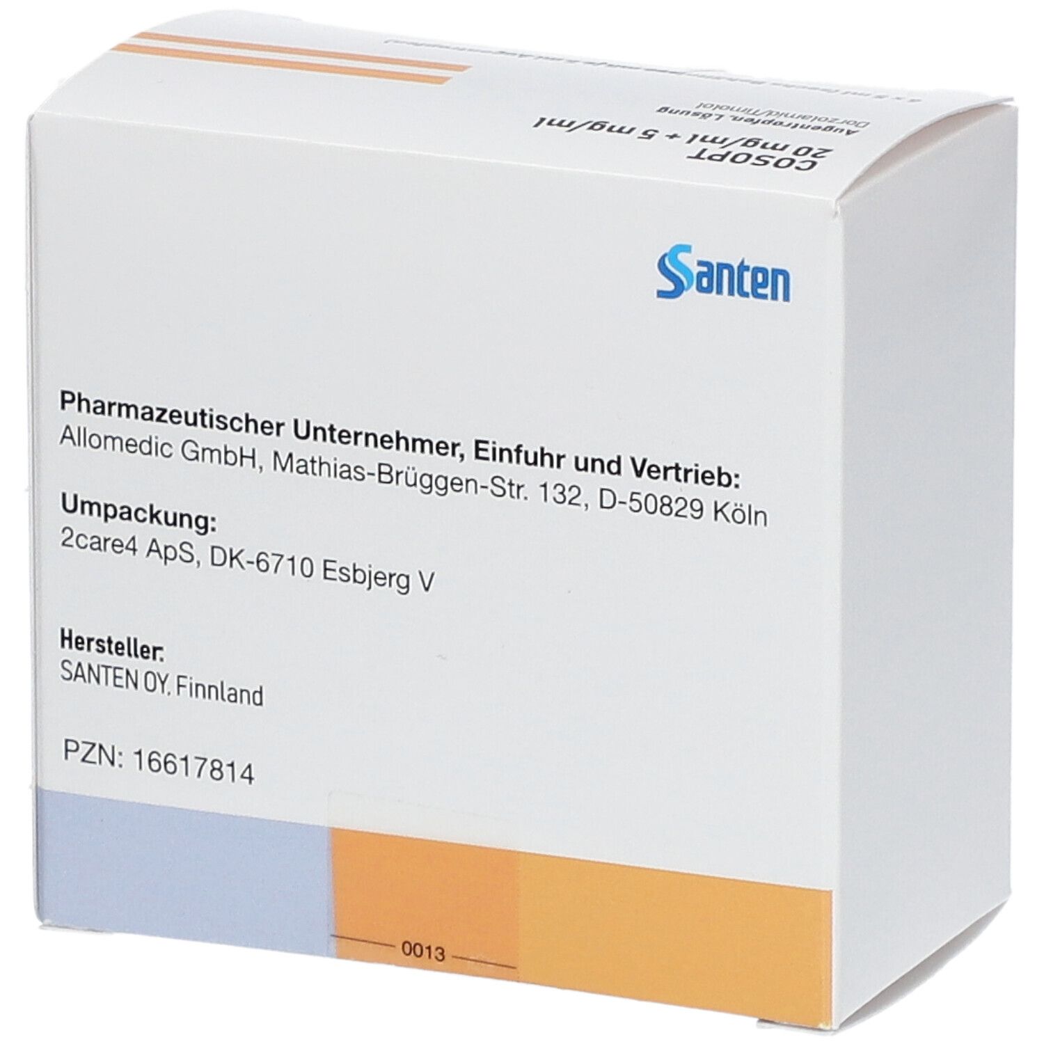 Karton von hinten gesehen. Aufschrift: Cosopt 20 mg/ml + 5 mg/ml. Logo: Santen. Herstellerinformationen und PZN-Nummer.