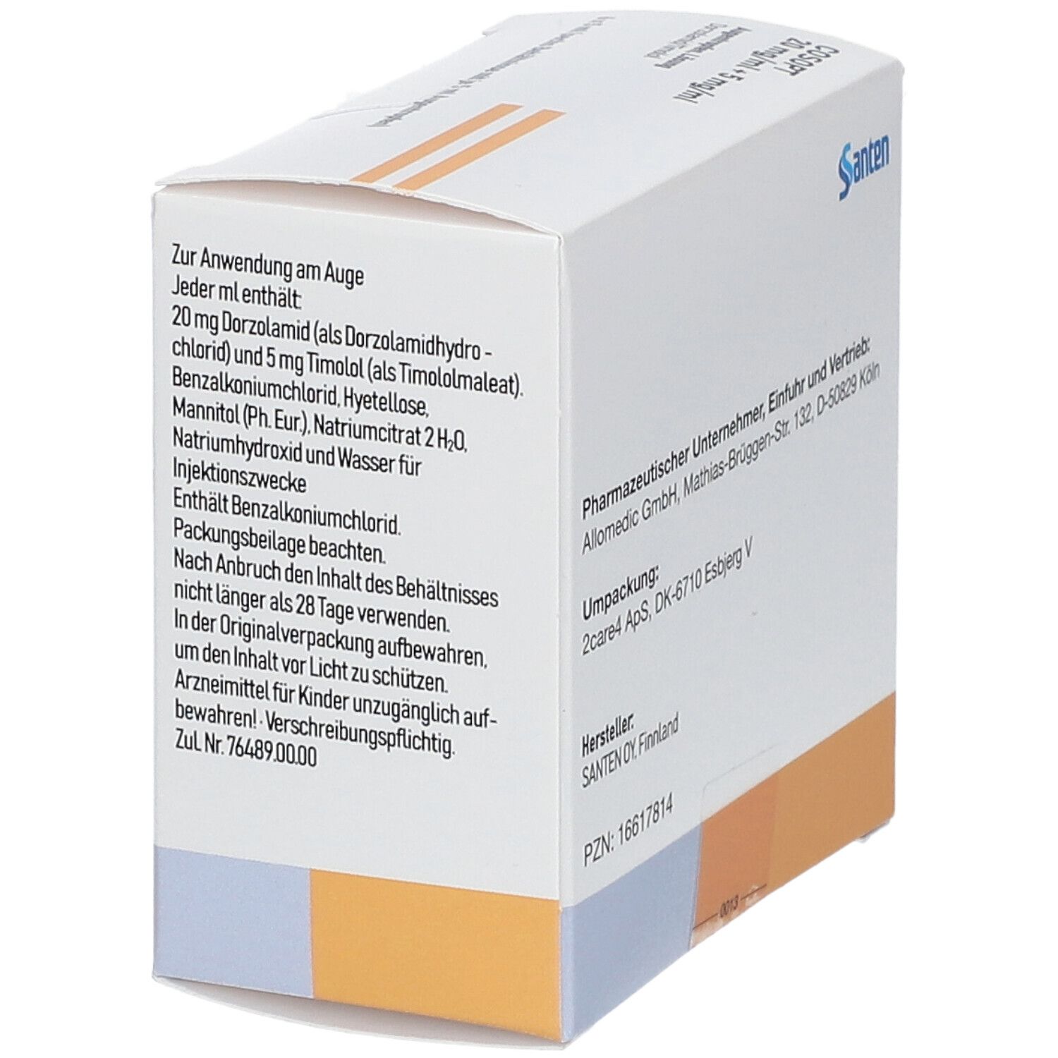 Karton mit Text. Aufschrift: Cosopt 20 mg/ml + 5 mg/ml. Logo: Santen. Enthält Informationen zur Anwendung und Inhaltsstoffe.