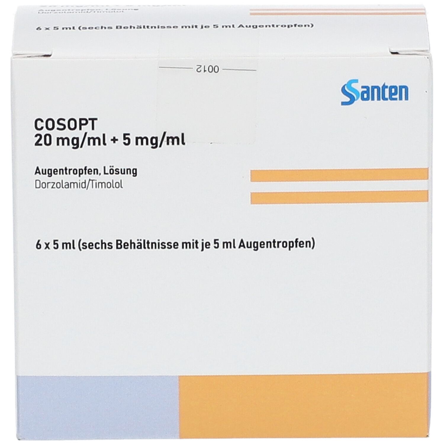 Weißer Karton mit Produktinformationen. Aufschrift: Cosopt 20 mg/ml + 5 mg/ml. Logo: Santen. Enthält 6 x 5 ml Augentropfen.