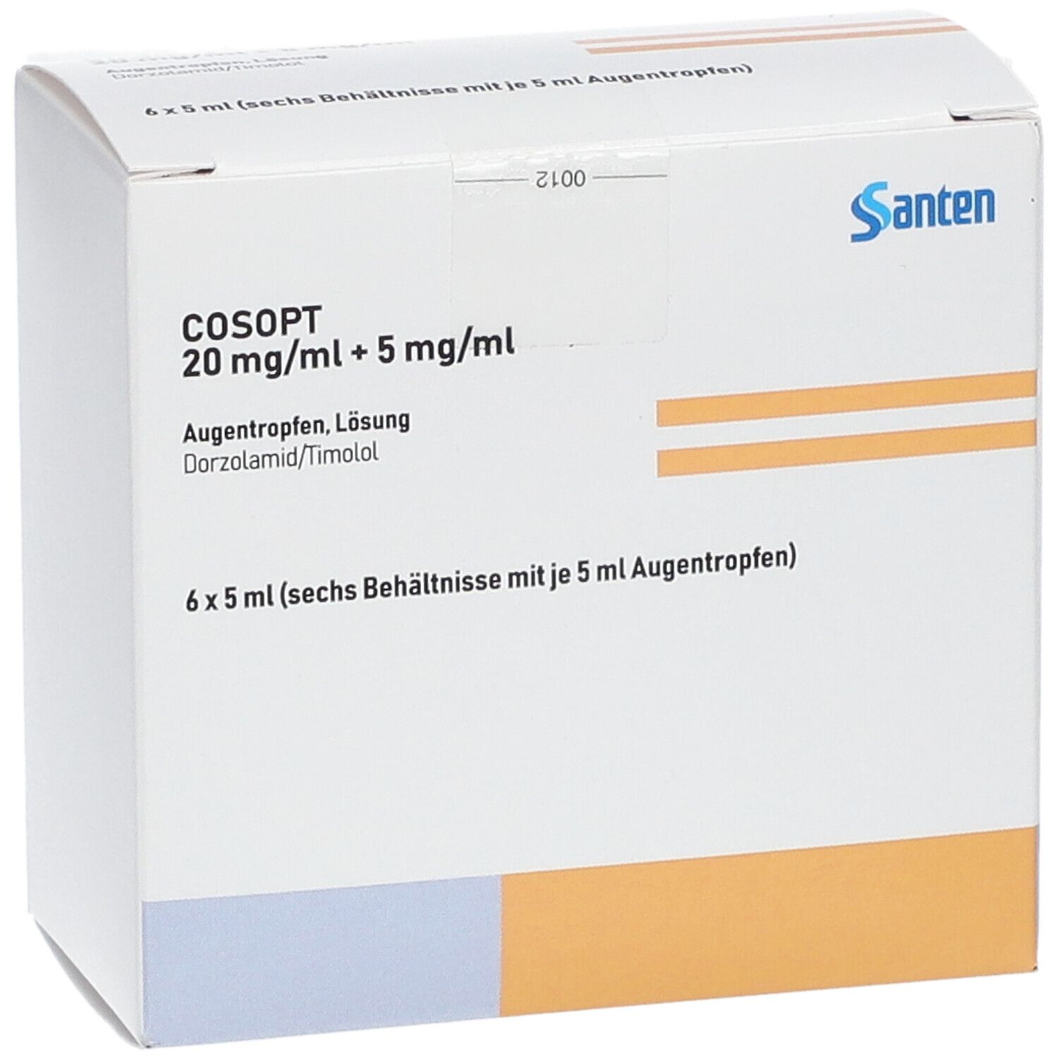Weißer Karton mit Produktinformationen. Aufschrift: Cosopt 20 mg/ml + 5 mg/ml. Logo: Santen. Enthält 6 x 5 ml Augentropfen.