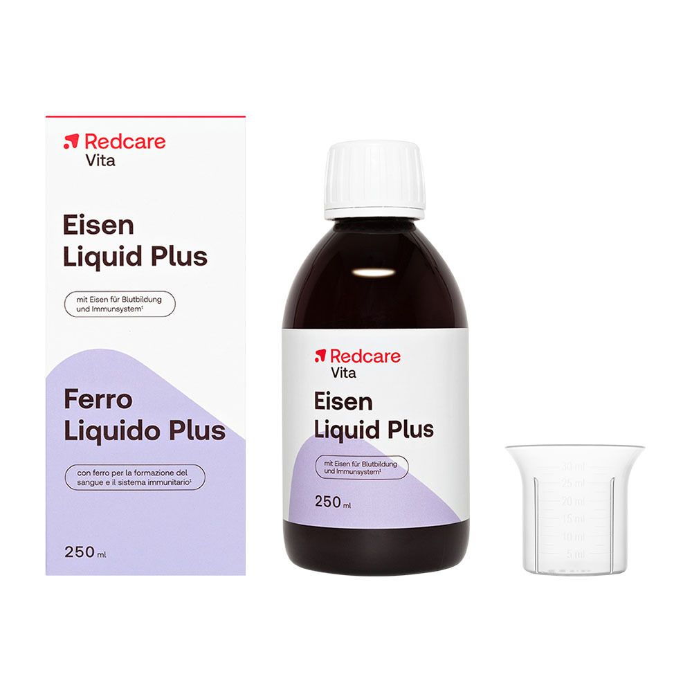 Redcare Eisen Liquid Plus Flasche, Karton und Messbecher.