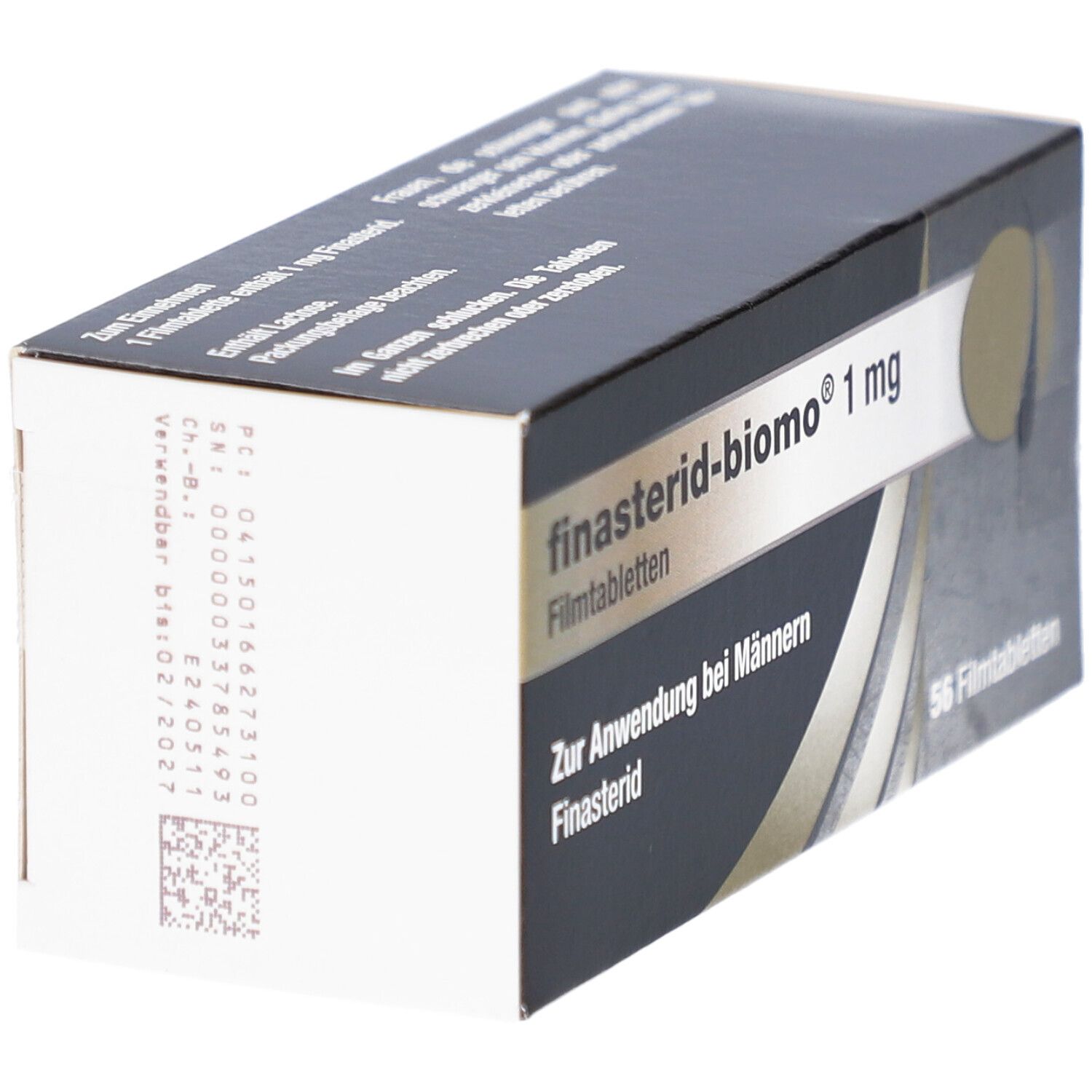 Schachtel "finasterid-biomo 1 mg Filmtabletten". Schwarze Verpackung mit weißen und goldenen Details. 56 Filmtabletten. Seitenansicht.