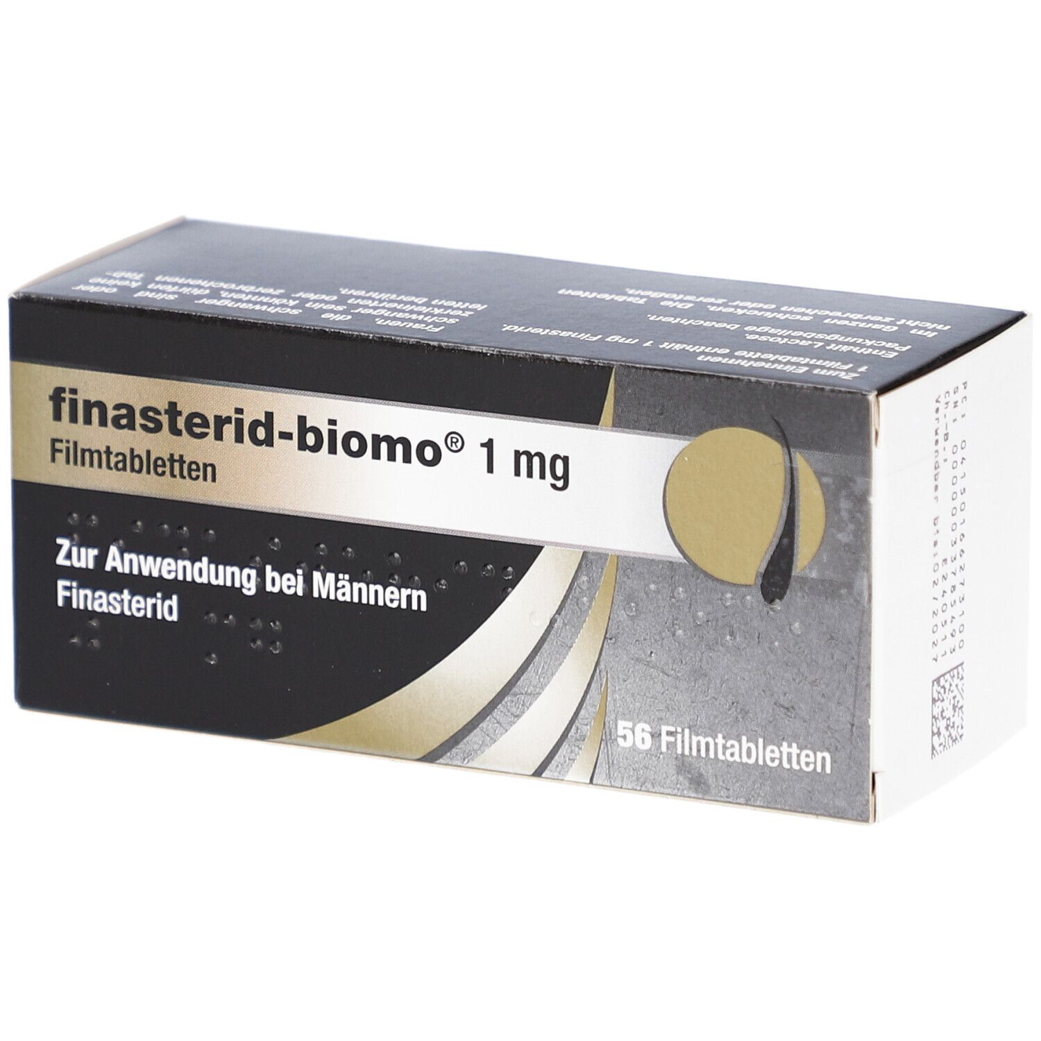 Schachtel "finasterid-biomo 1 mg Filmtabletten". Schwarze Verpackung mit weißen und goldenen Details. 56 Filmtabletten. Nahaufnahme.