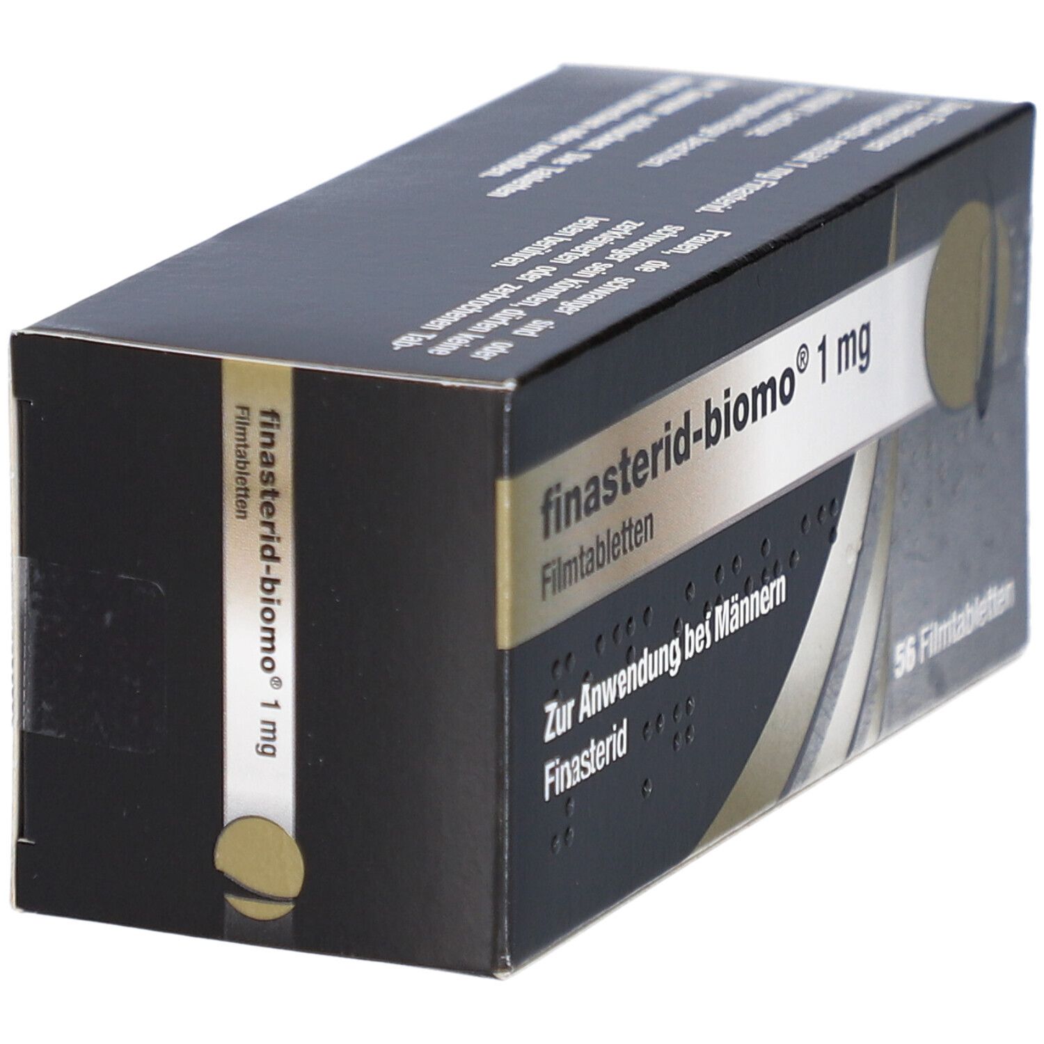 Schachtel "finasterid-biomo 1 mg Filmtabletten". Schwarze Verpackung mit weißen und goldenen Details. 56 Filmtabletten. Seitenansicht.