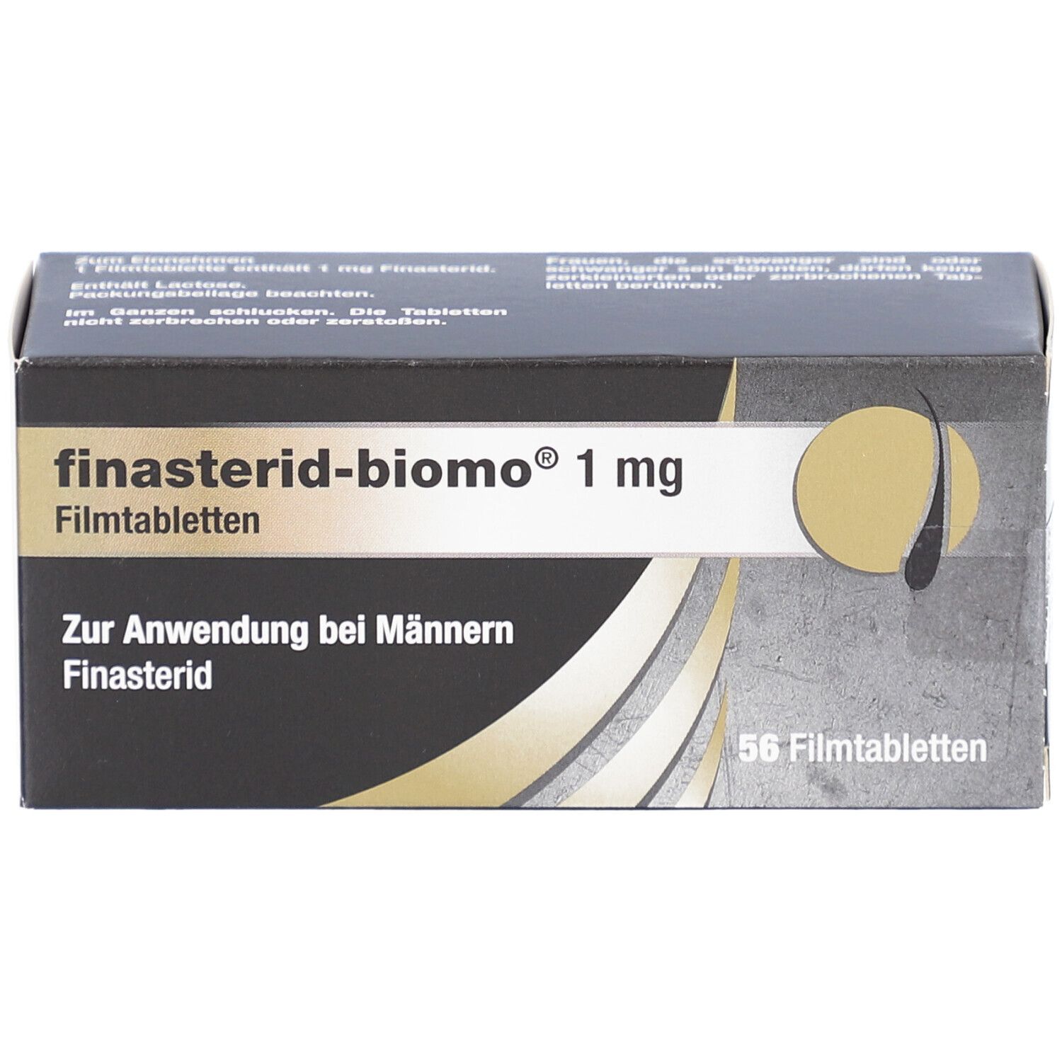 Schachtel "finasterid-biomo 1 mg Filmtabletten". Schwarze Verpackung mit weißen und goldenen Details. 56 Filmtabletten. Draufsicht.