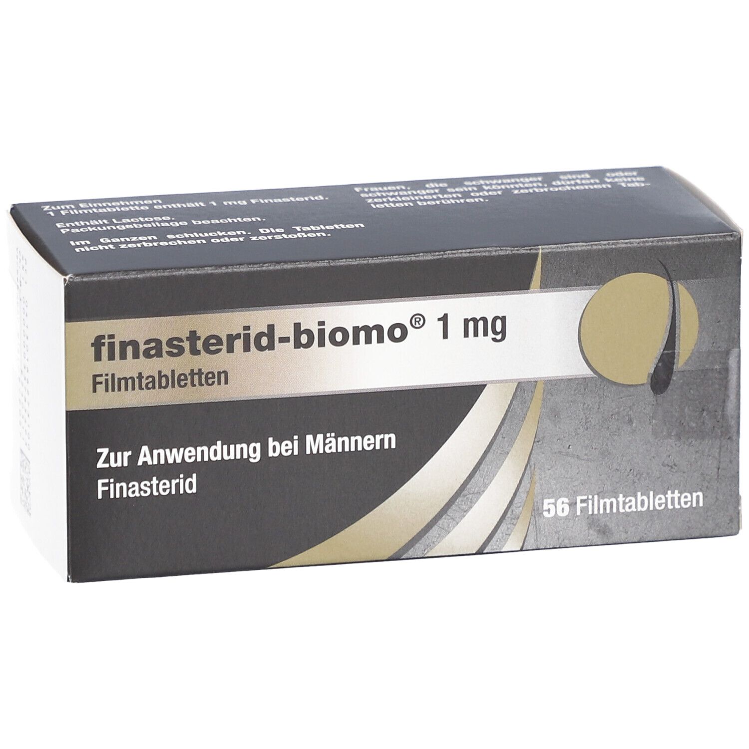 Schachtel "finasterid-biomo 1 mg Filmtabletten". Schwarze Verpackung mit weißen und goldenen Details. 56 Filmtabletten. Draufsicht.