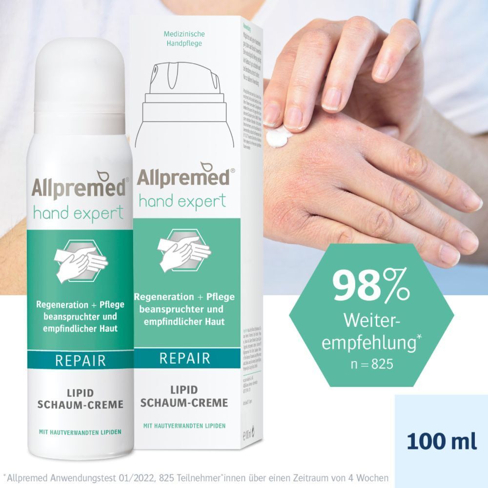 Weiße Sprühflasche und Verpackung. Text: Allpremed hand expert, Lipid Schaum-Creme REPAIR. 98% Weiterempfehlung.